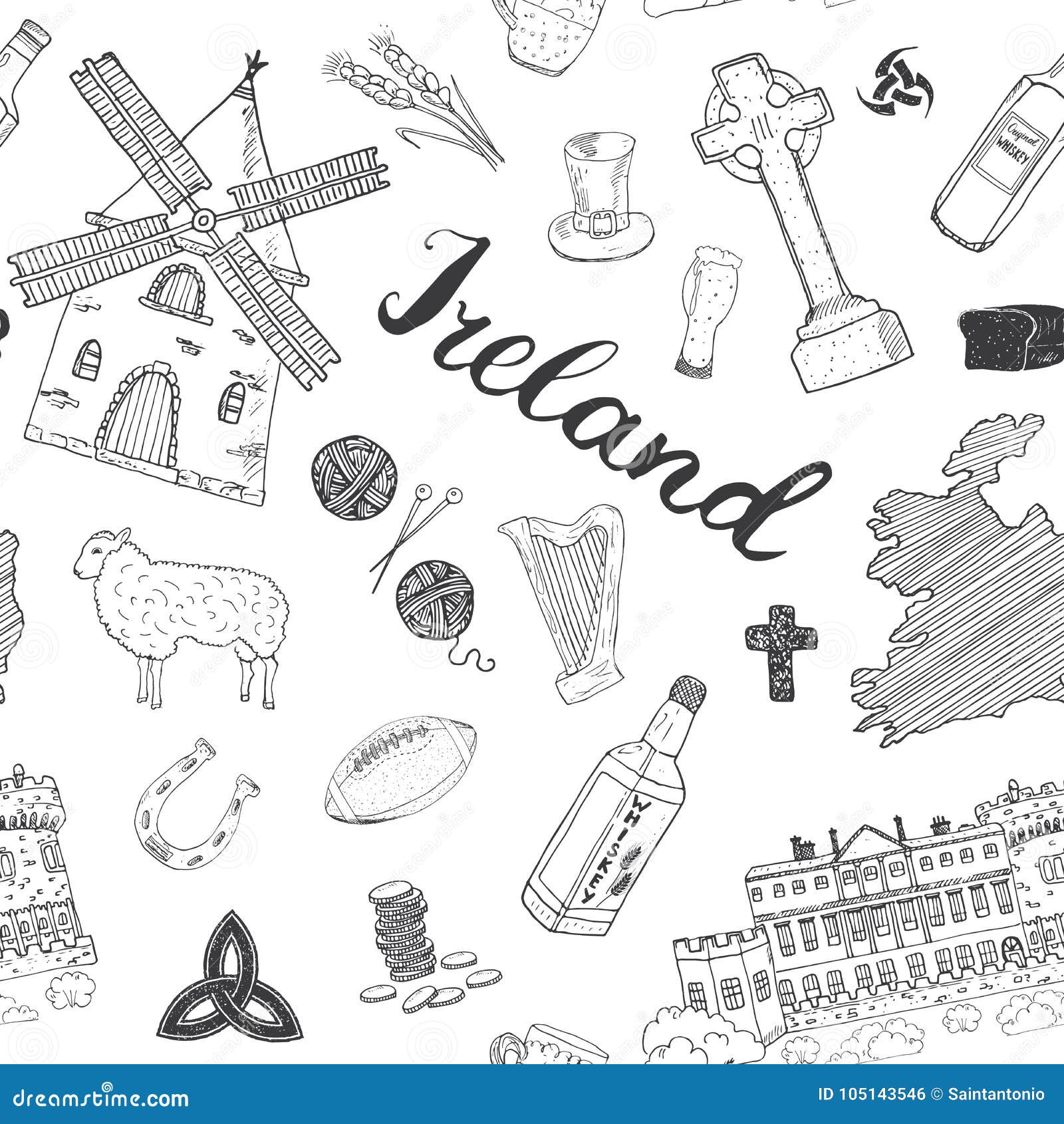 Ireland Sketch Doodles Seamless Pattern. Irish Elements Editorial Photo