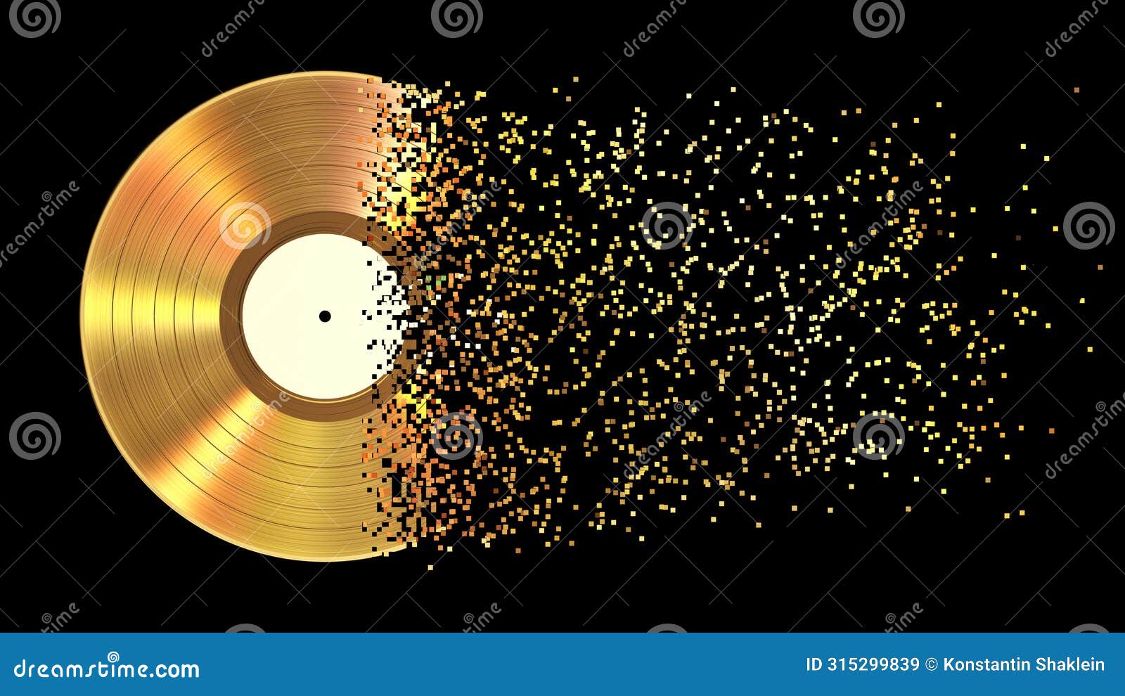 iridescent gold vinyl disk crumbles into pixels