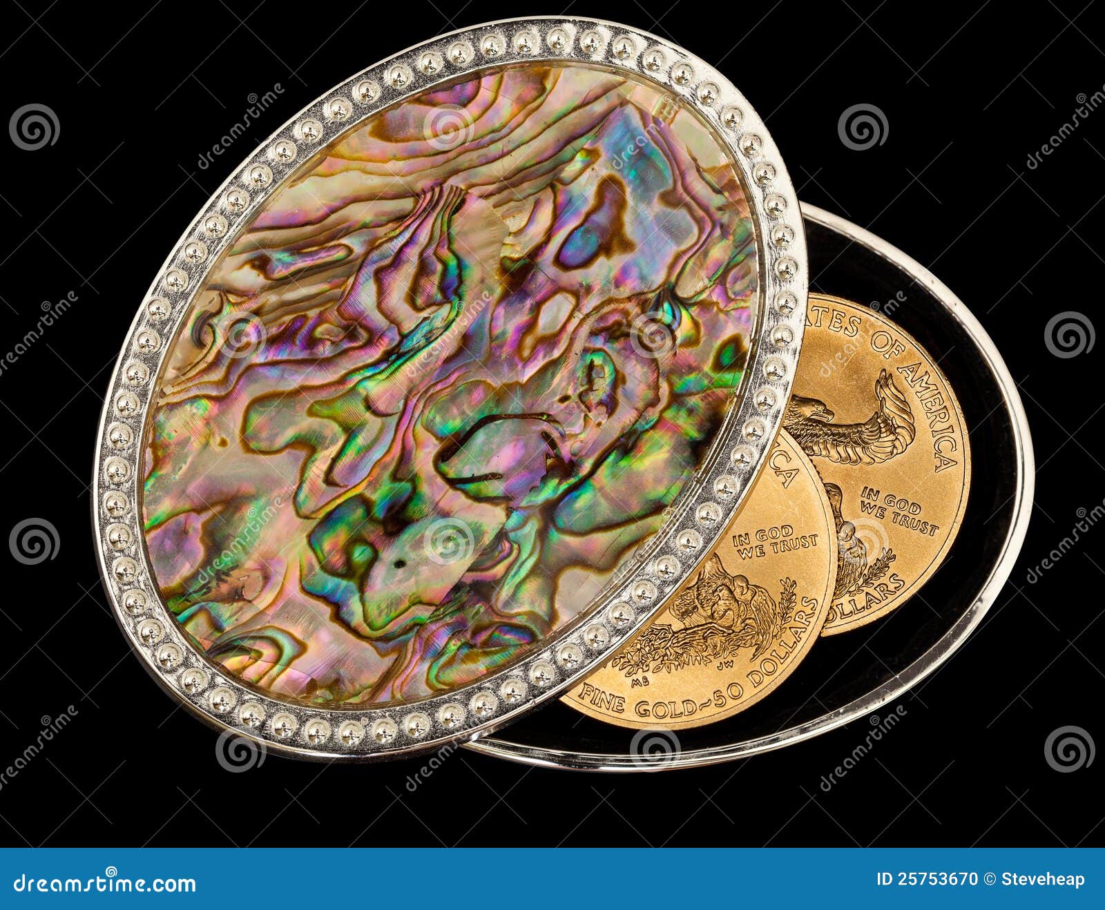 Iridescent Mother Of Pearl Box Gold Coins Stock Photo 