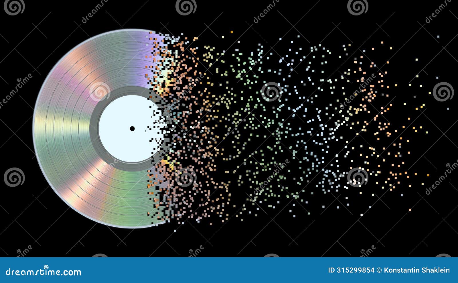 iridescent silver vinyl disk crumbles into pixels