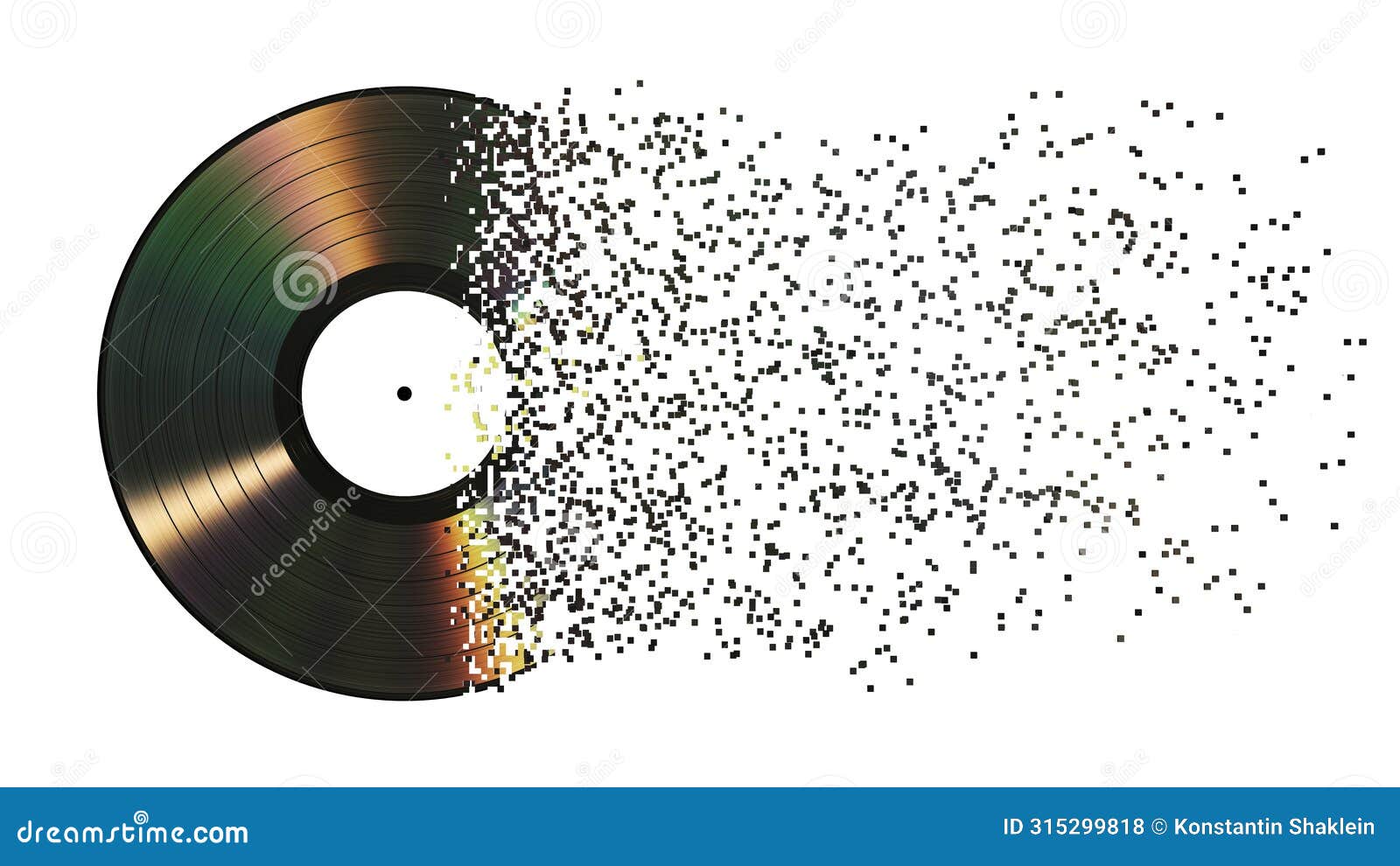 iridescent vinyl disk crumbles into pixels