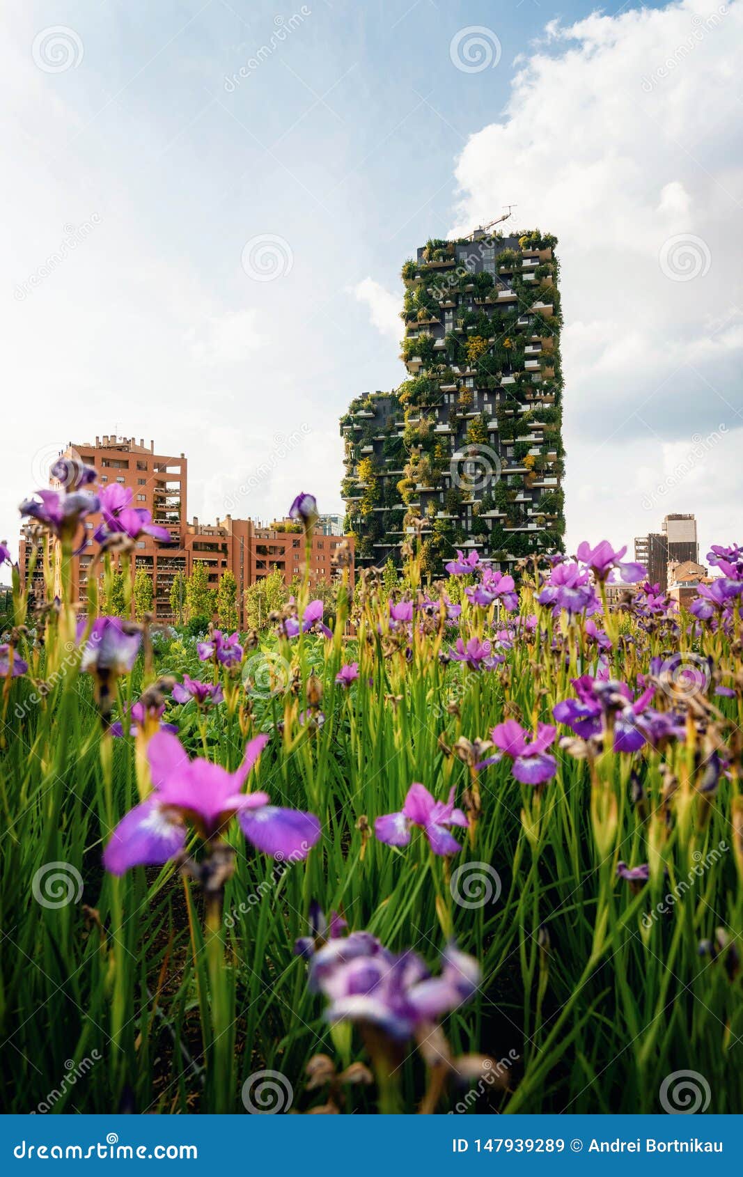 iris flowers against bosco verticale, milano, italy