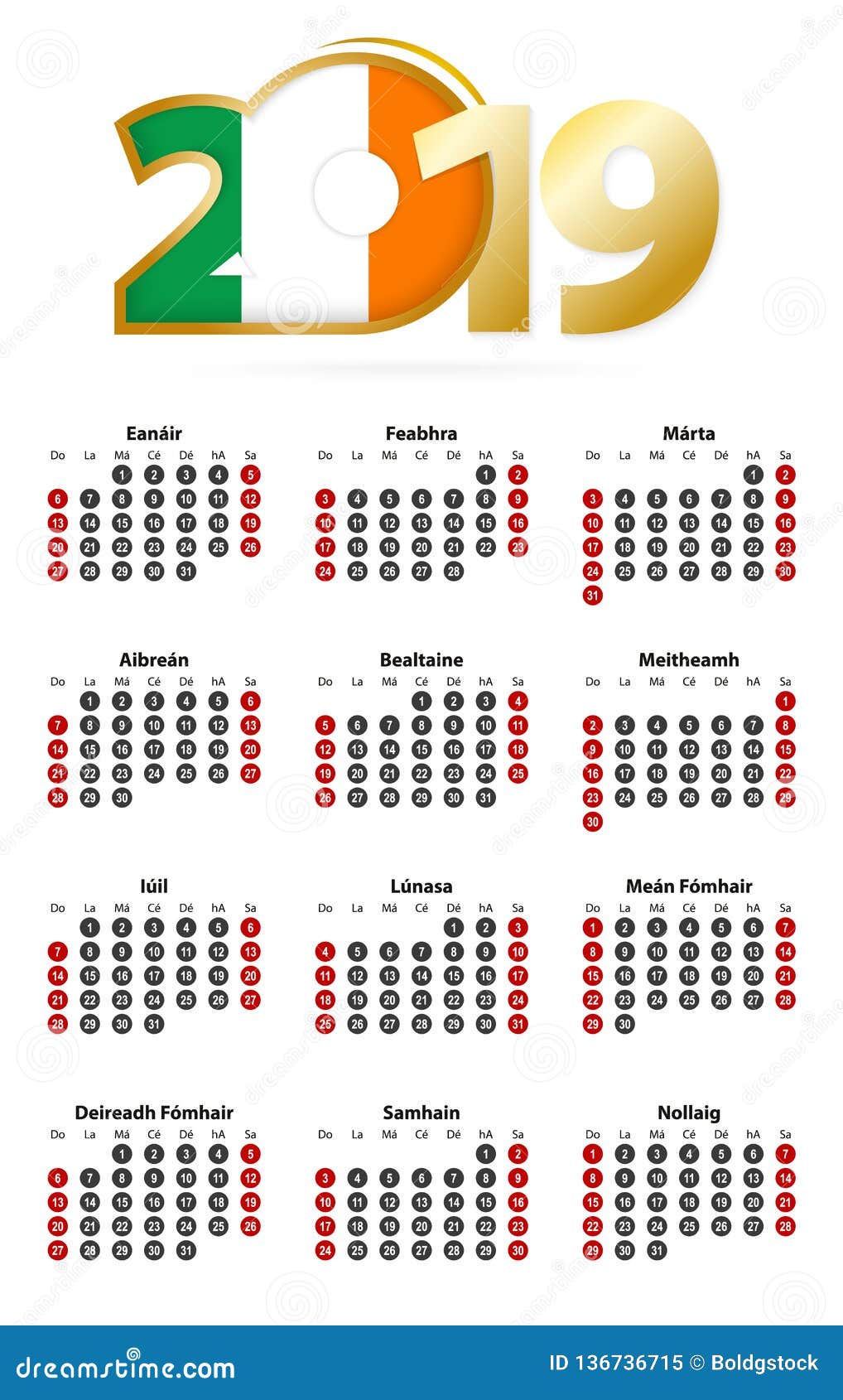 Irish Calendar 2019 with Numbers in Circles, Week Starts on Sunday