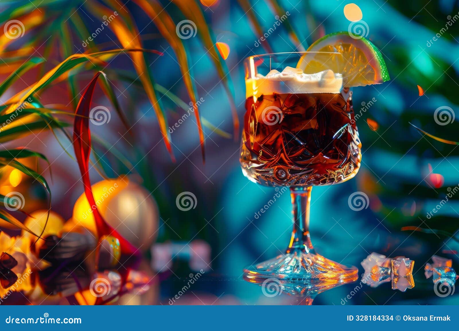 irish coffee cocktail on neon background, tropical mocktail, beach party coctail, summer bar drink