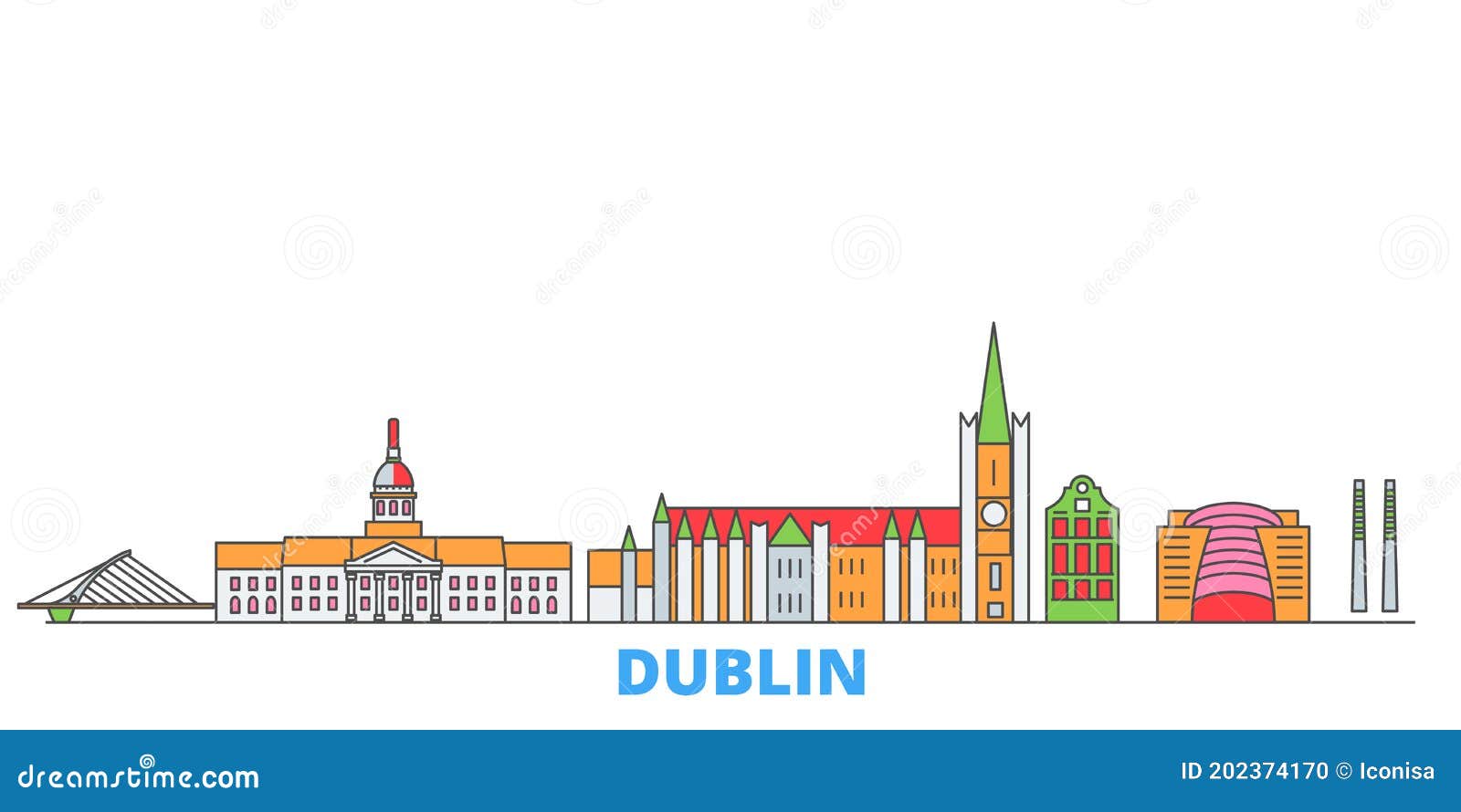 Irland, Dublin Line Cityscape, Flat Vector. Travel City Landmark ...