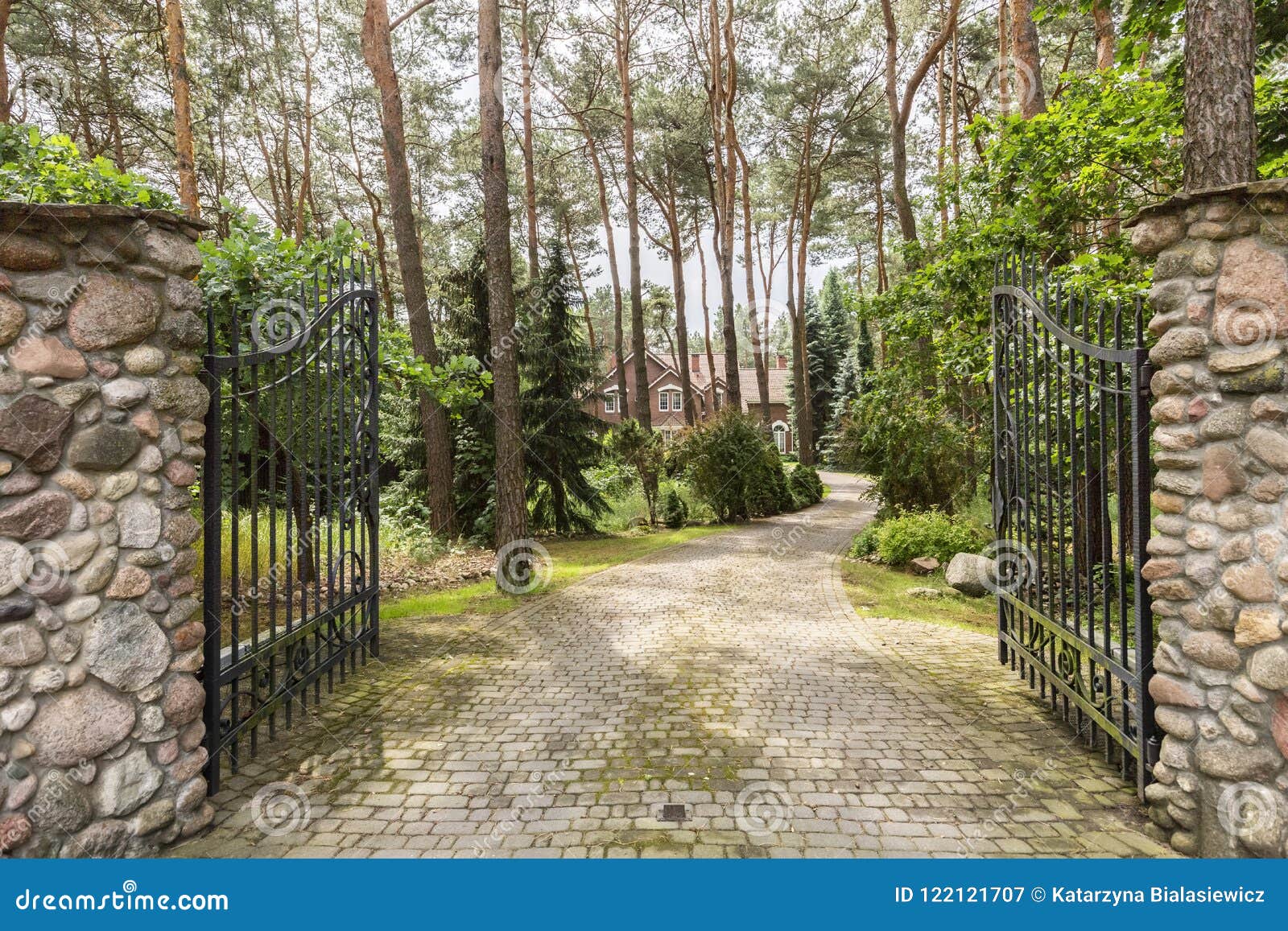 iron entrance gate and stony road leading to the house in the woods