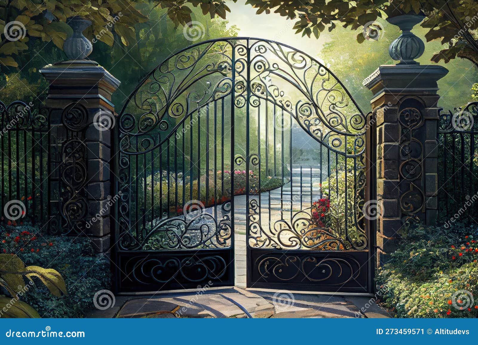 Iron Mansion Gates, with View of Lush and Beautiful Garden, in Serene