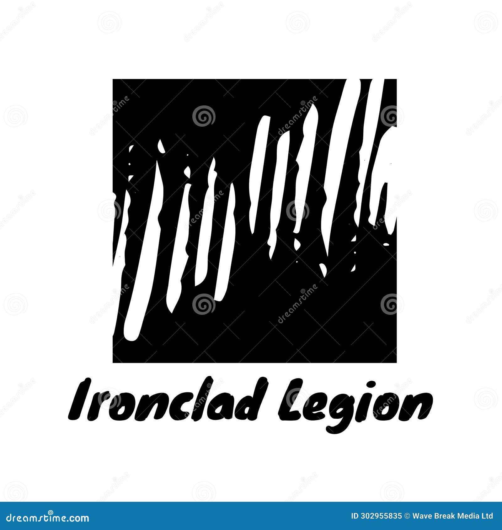 ironclad legion text in black with white brushstrokes in black rectangle logo on white background