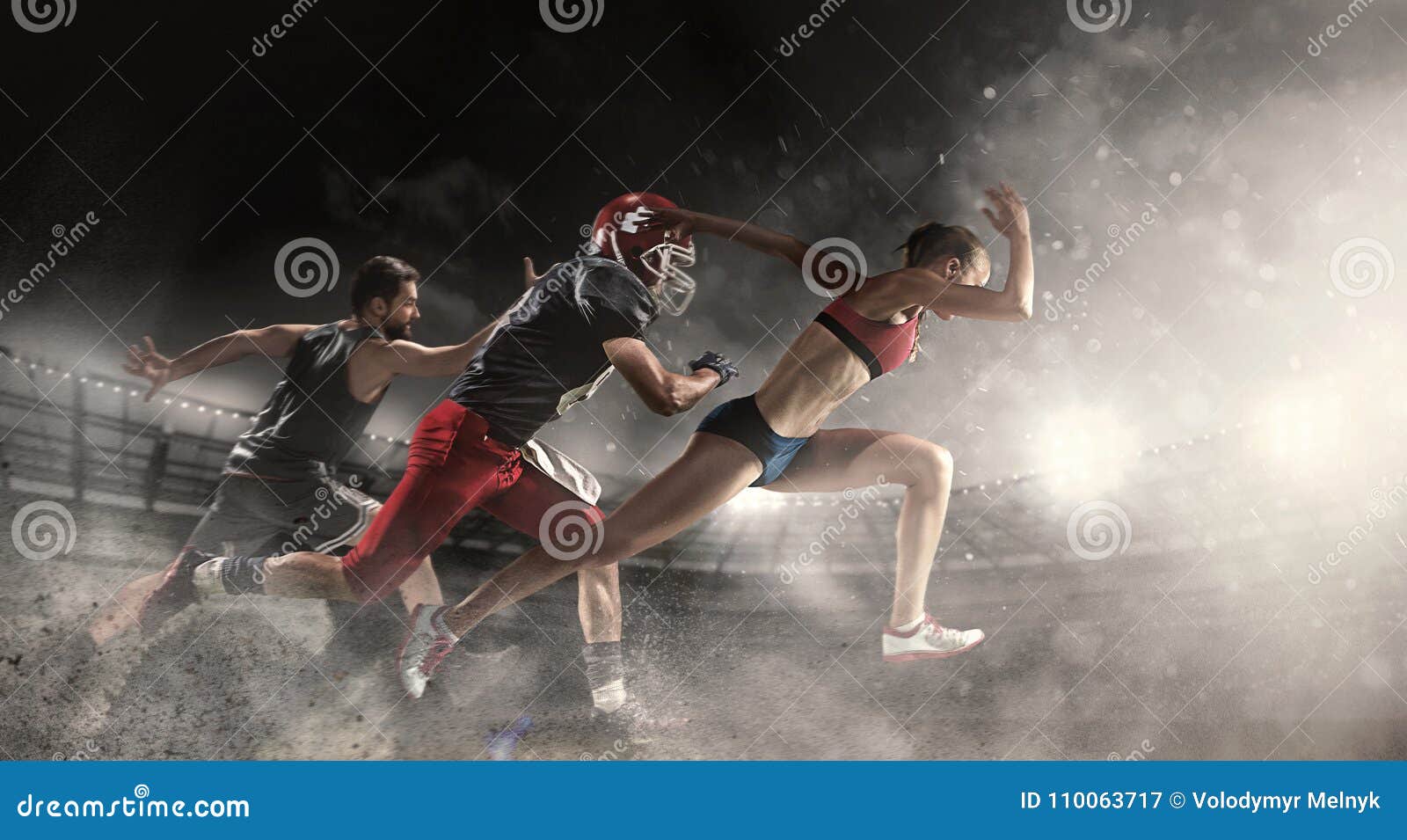 multi sports collage about basketball, american football players and fit running woman