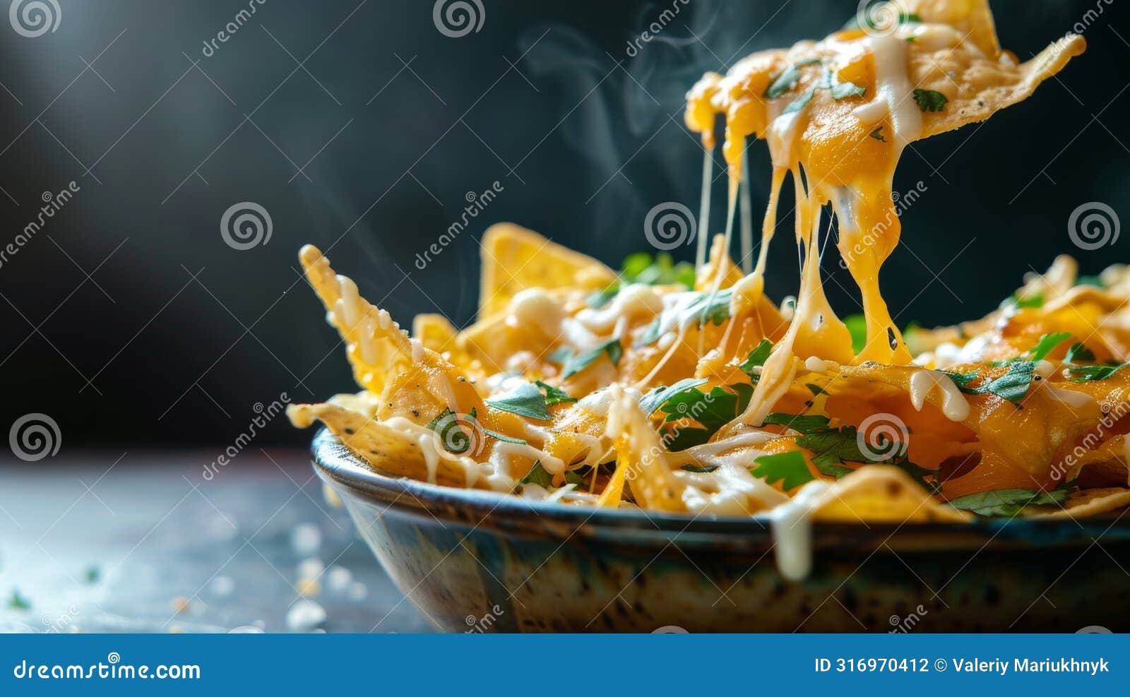 irresistible nachos topped with melting cheese and fresh herbs. generative ai