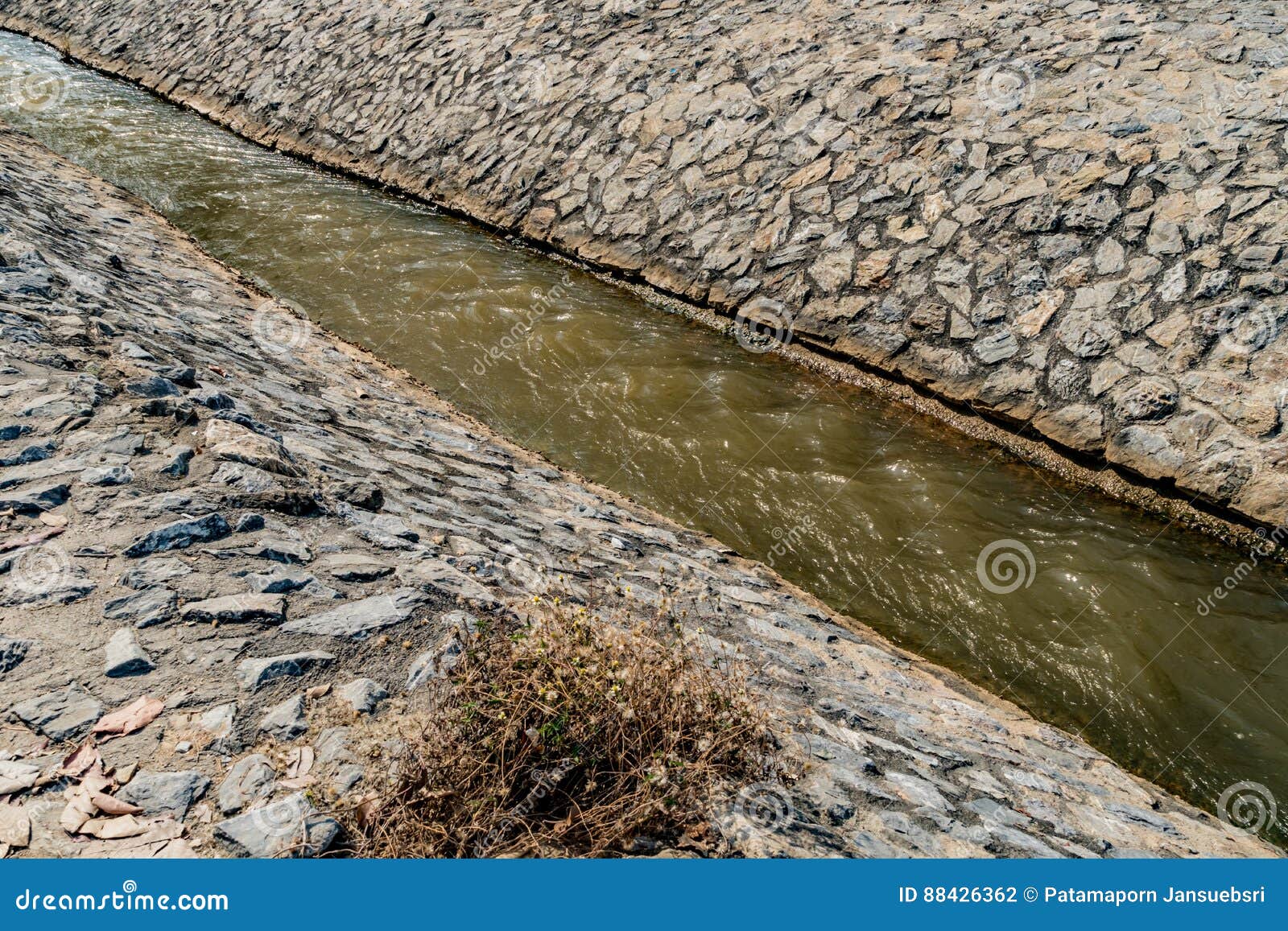 Irrigation Canal with Stone Wall Stock Photo Image of green, rural