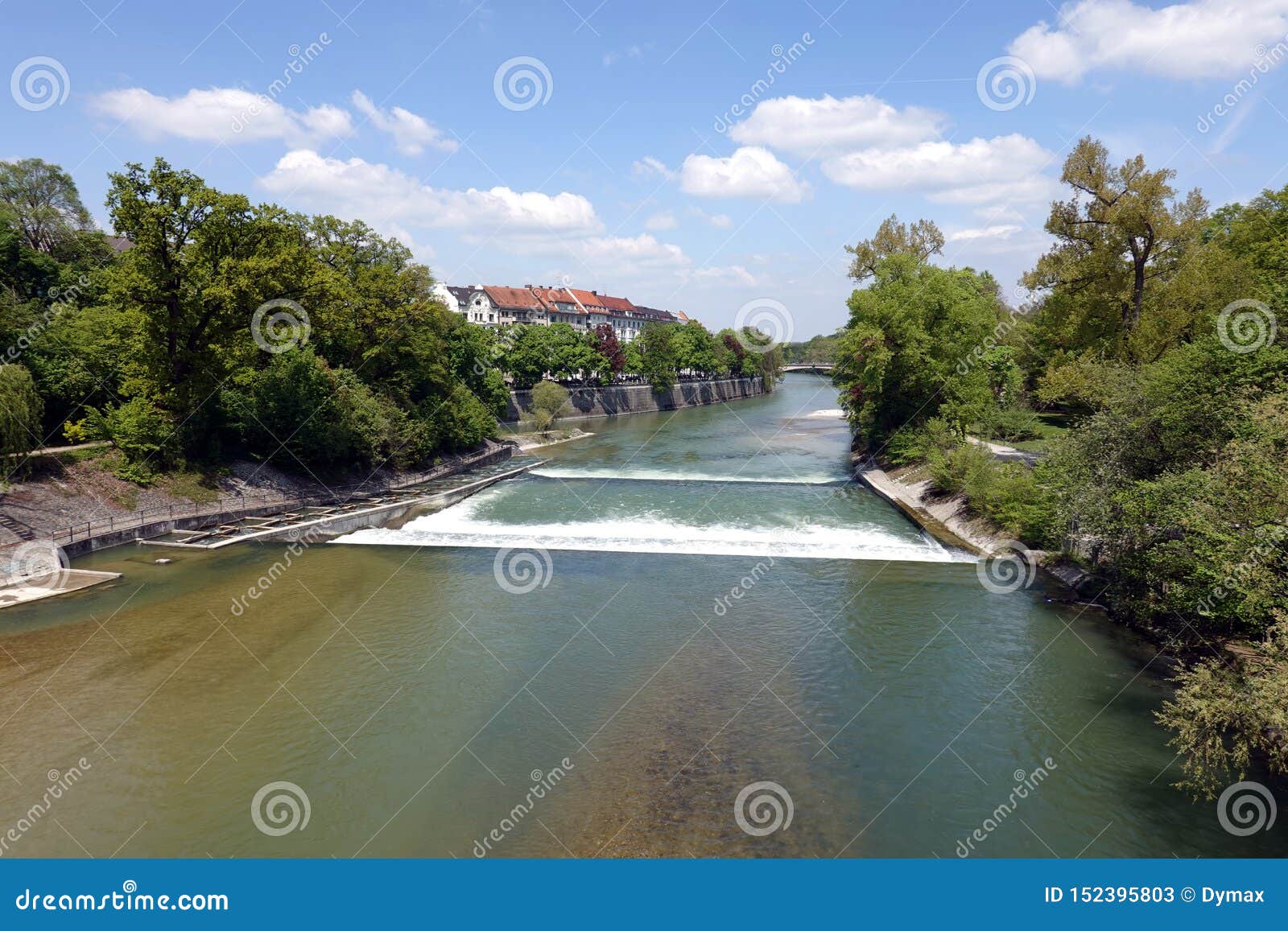 isar river with rapids in munich center in spring day