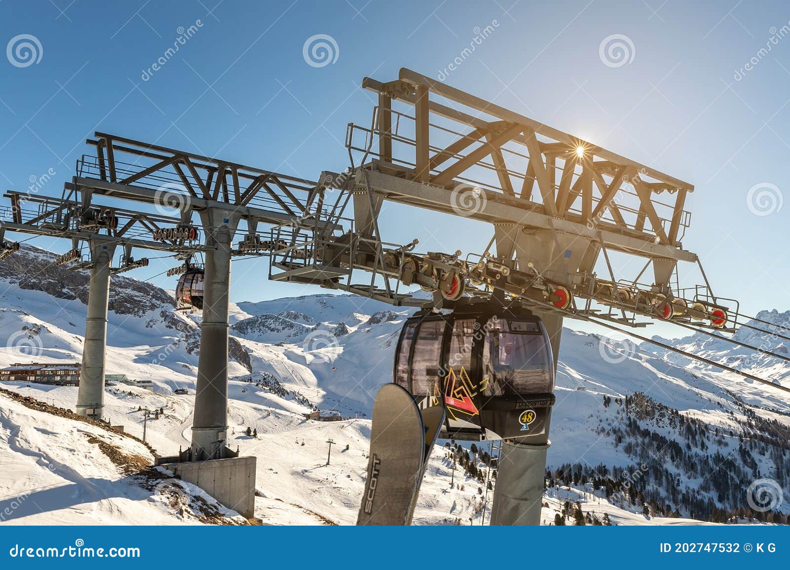 Ischgl, Austria- January 10th, 2020: New Modern Spacious Big Cabin Gondola Silvretta Bahn Against Lift Pillar with Editorial Photography - Image of background, holiday: 202747532