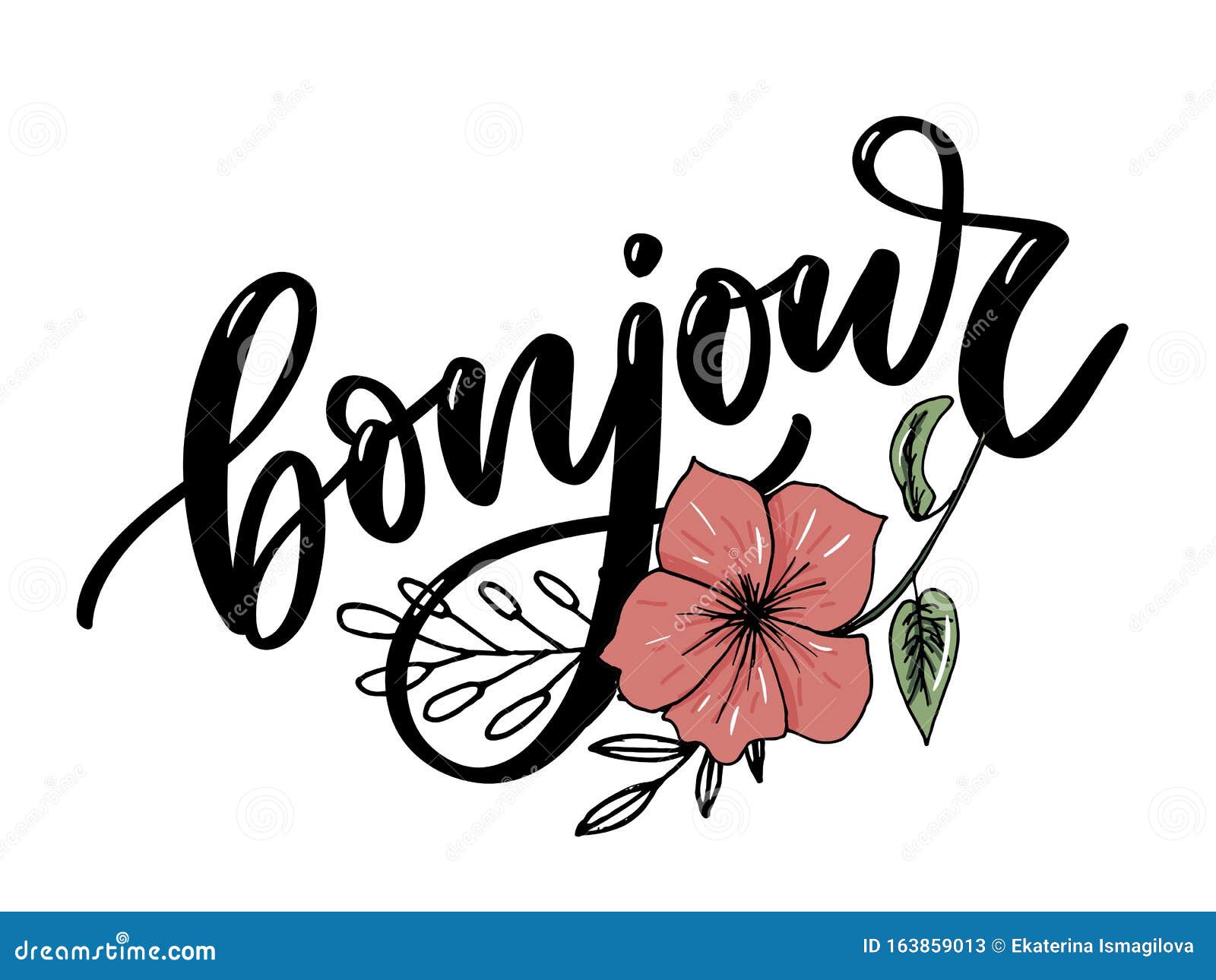 Iscrizione Di Bonjour Buongiorno In Francese Biglietto Di Auguri Con Calligrafia Design A Mano Bianco E Nero Illustrazione Di Stock Illustrazione Di Bandiera Nero