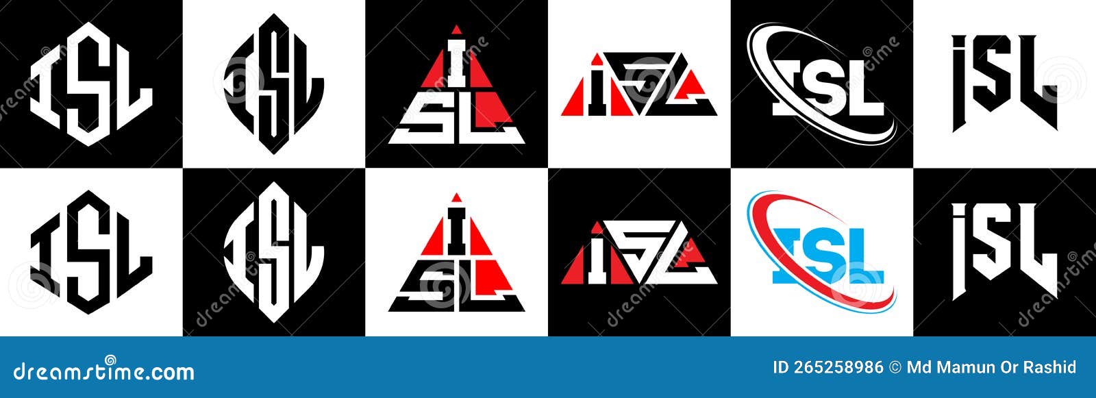 isl letter logo  in six style. isl polygon, circle, triangle, hexagon, flat and simple style with black and white color