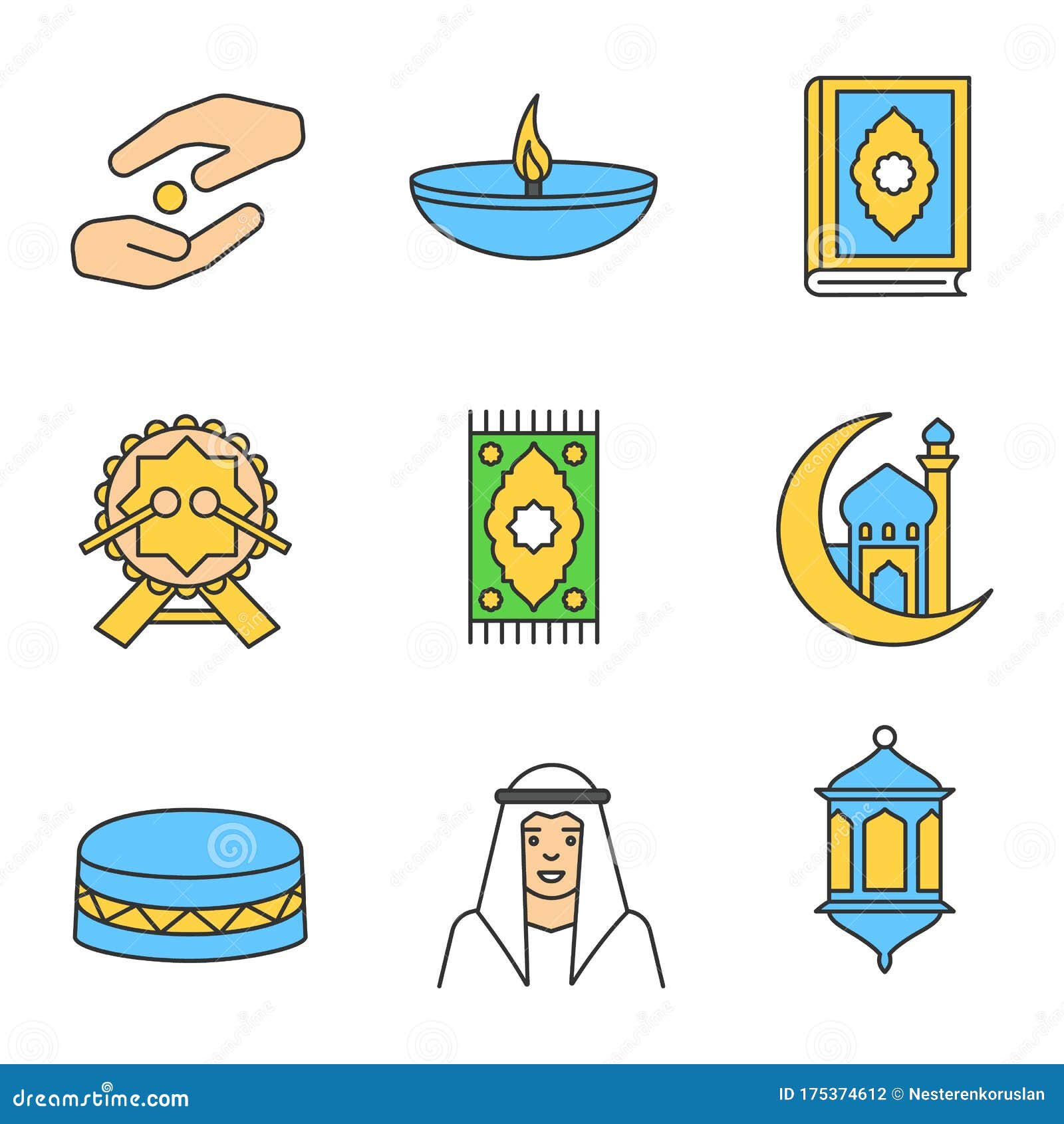 Download Islamic Culture Color Icons Set Stock Vector - Illustration of lamp, color: 175374612
