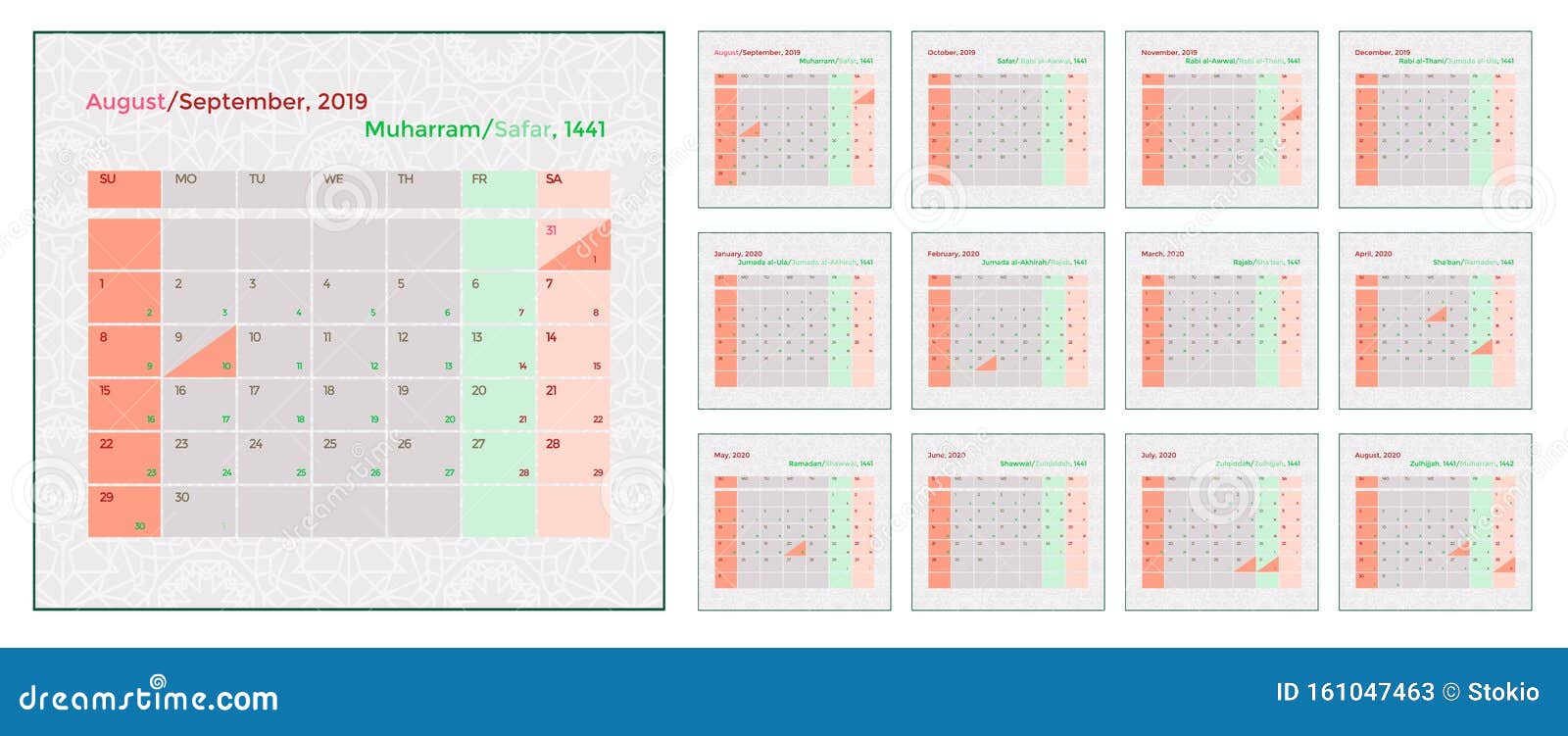 Islamic and Gregorian Monthly Calendar. Hijri 1441 Starts Muharram and