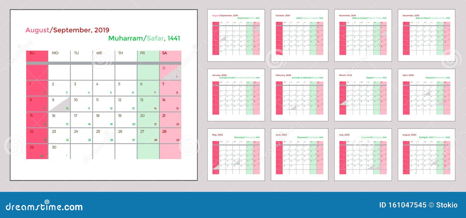 Islamic and Gregorian Monthly Calendar. Hijri 1441 Starts Muharram and