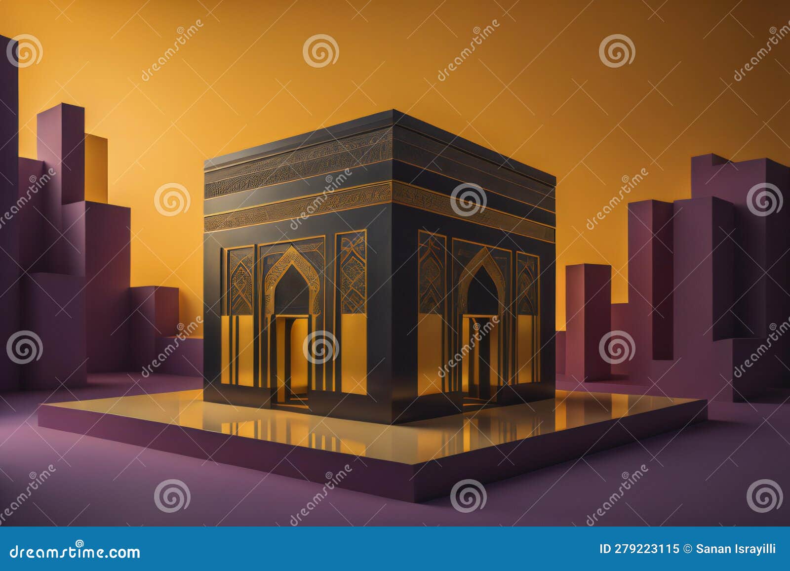 islamic kabaa, yellow background. generative ai