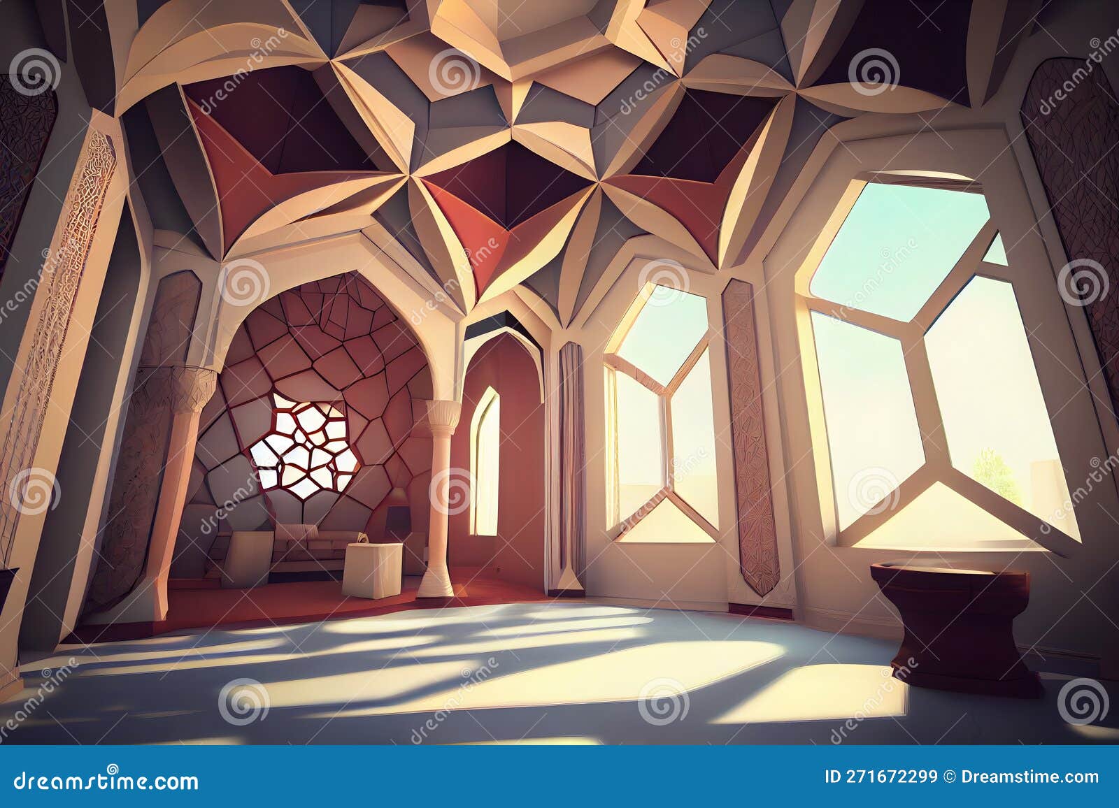 Islamic Modern Room Interior with Polygon Shape, Ai Generative Stock
