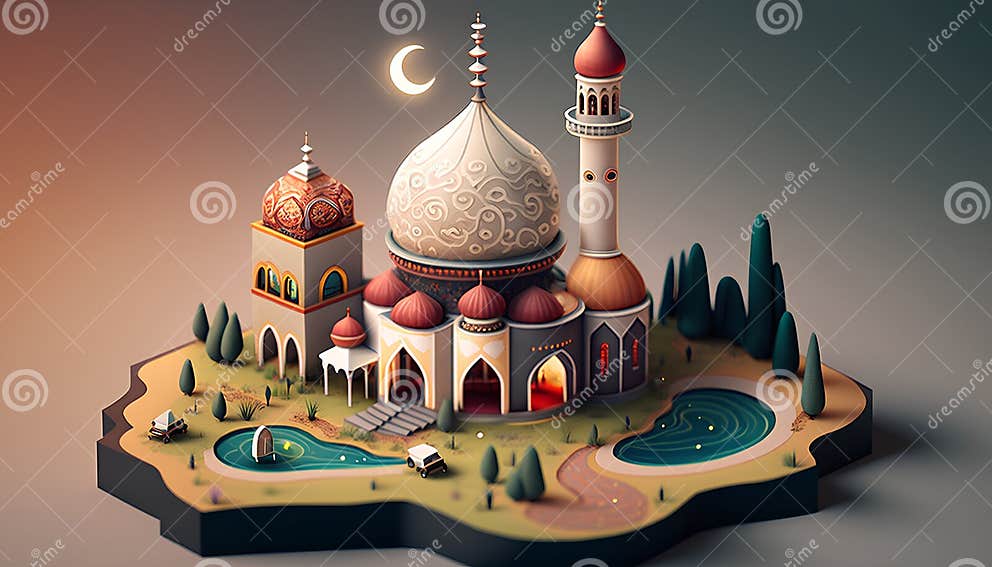 Islamic Mosque on the Map Isometric View 3d Rendering Stock