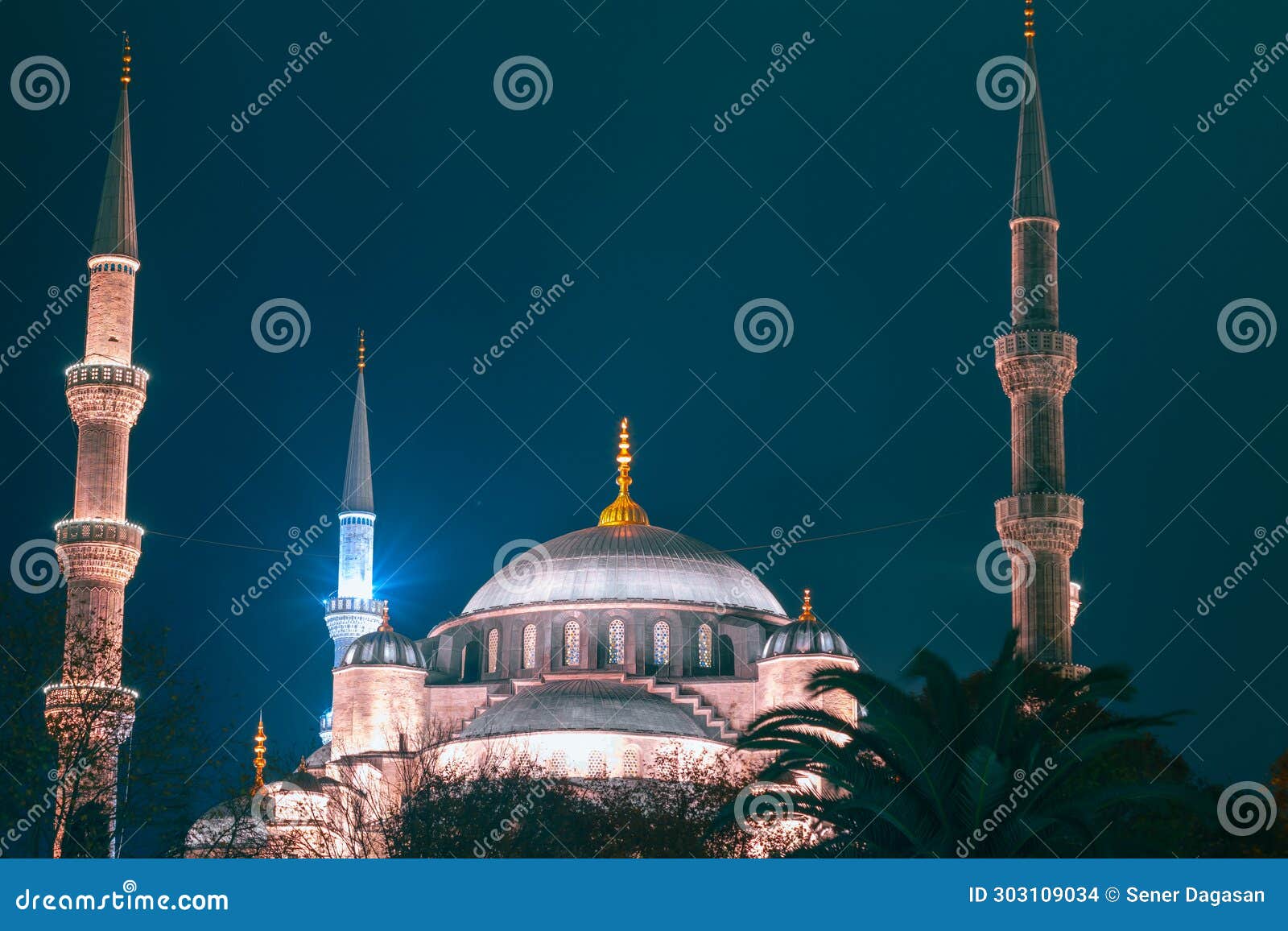 islamic or ramadan concept photo. dome and minaretes of blue mosque at night