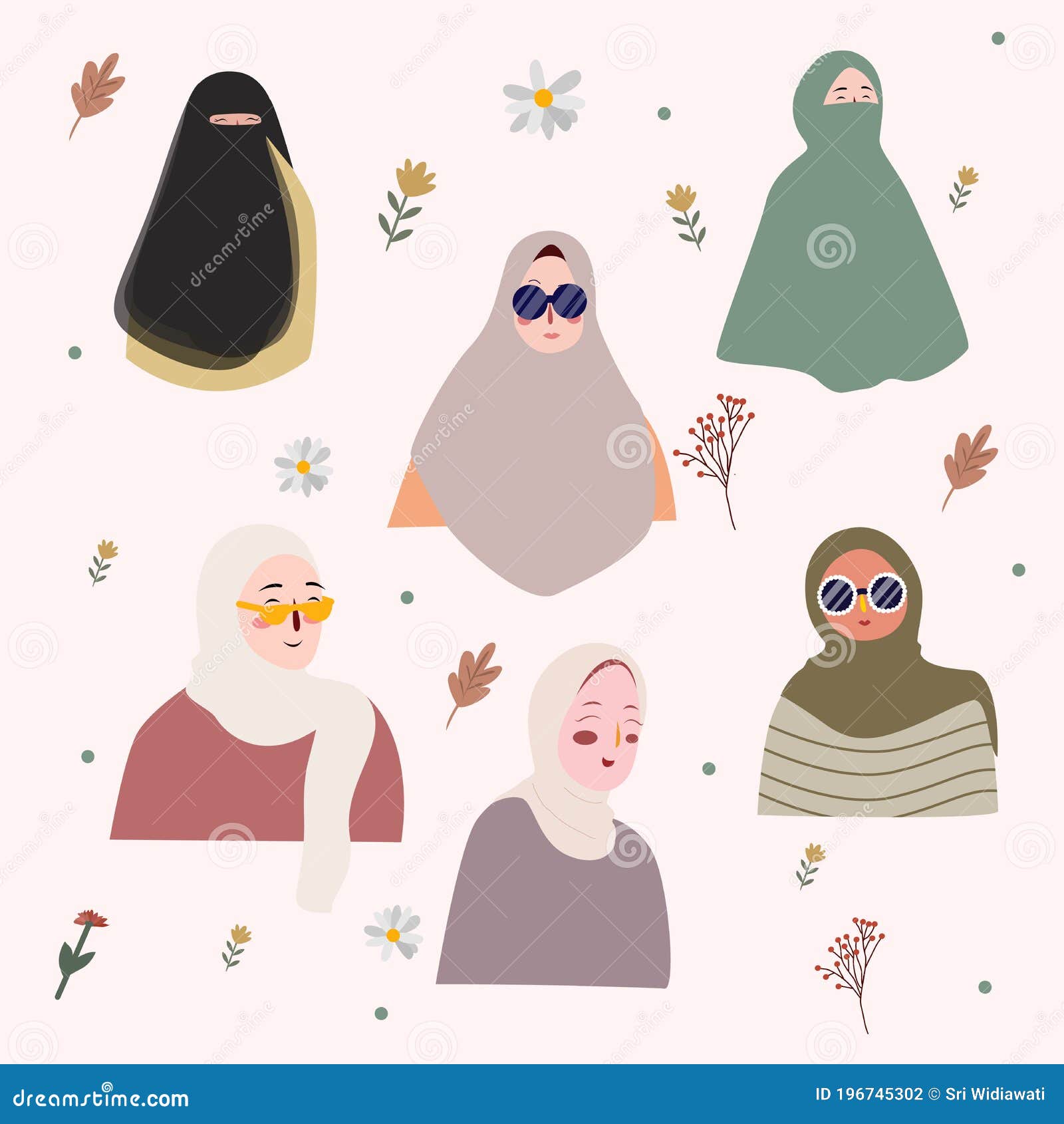 Islamic Women Set Collection Wearing Muslim Dress Hijab Niqab Nature Flower  Background with Flat Cartoon Style Stock Vector - Illustration of lady,  islamic: 196745302
