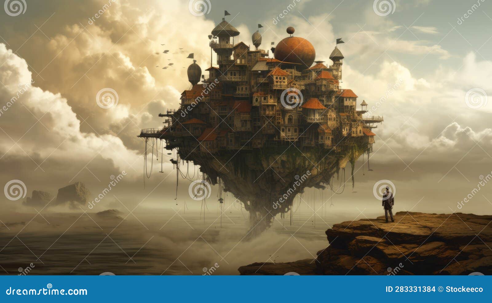floating steampunk castle in villagecore style