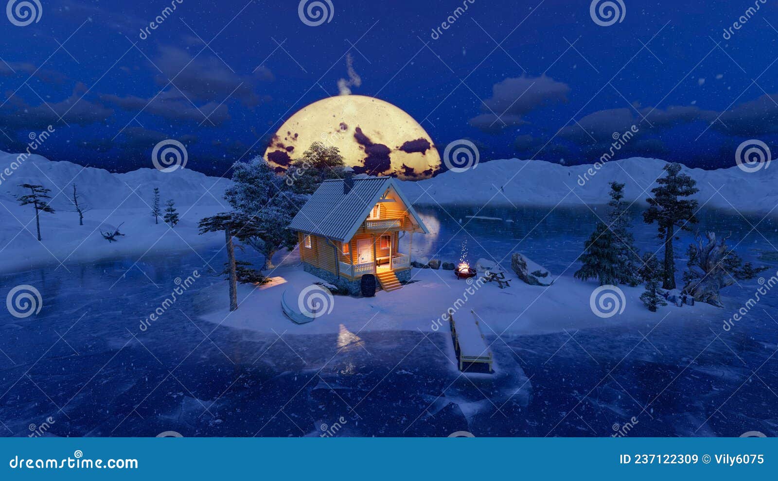 island in the middle of an ice-covered lake and a log house with illuminated windows