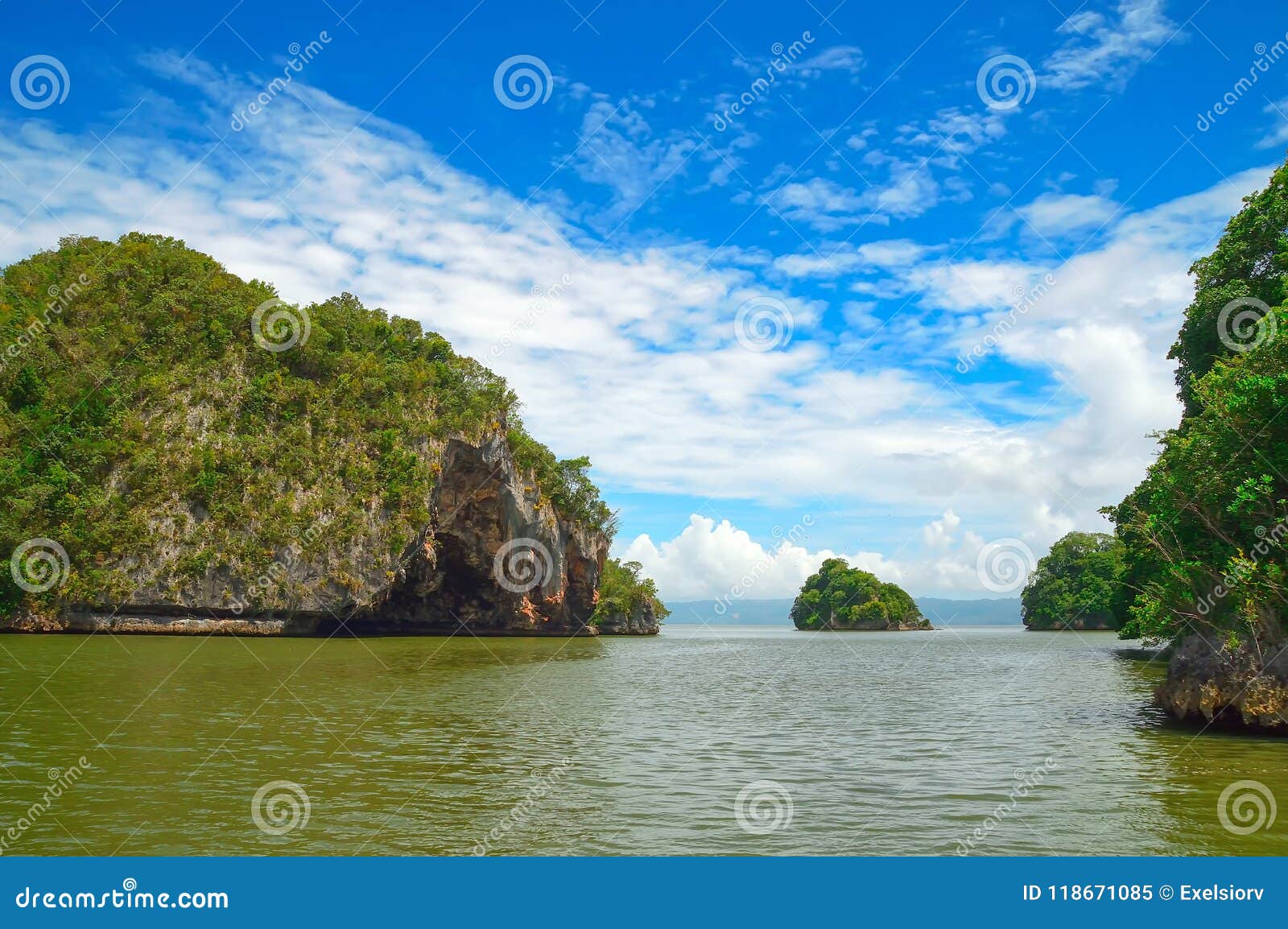 island, rock in the atlantic ocean covered with green vegetation, against a backdrop of the shore in the background. los