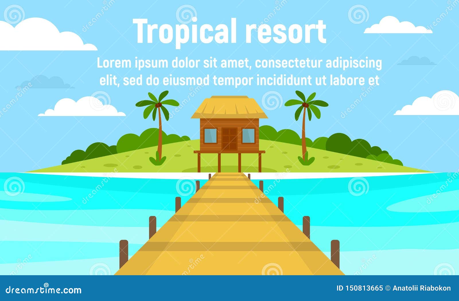 Island Tropical Resort Concept Banner, Flat Style Stock Vector