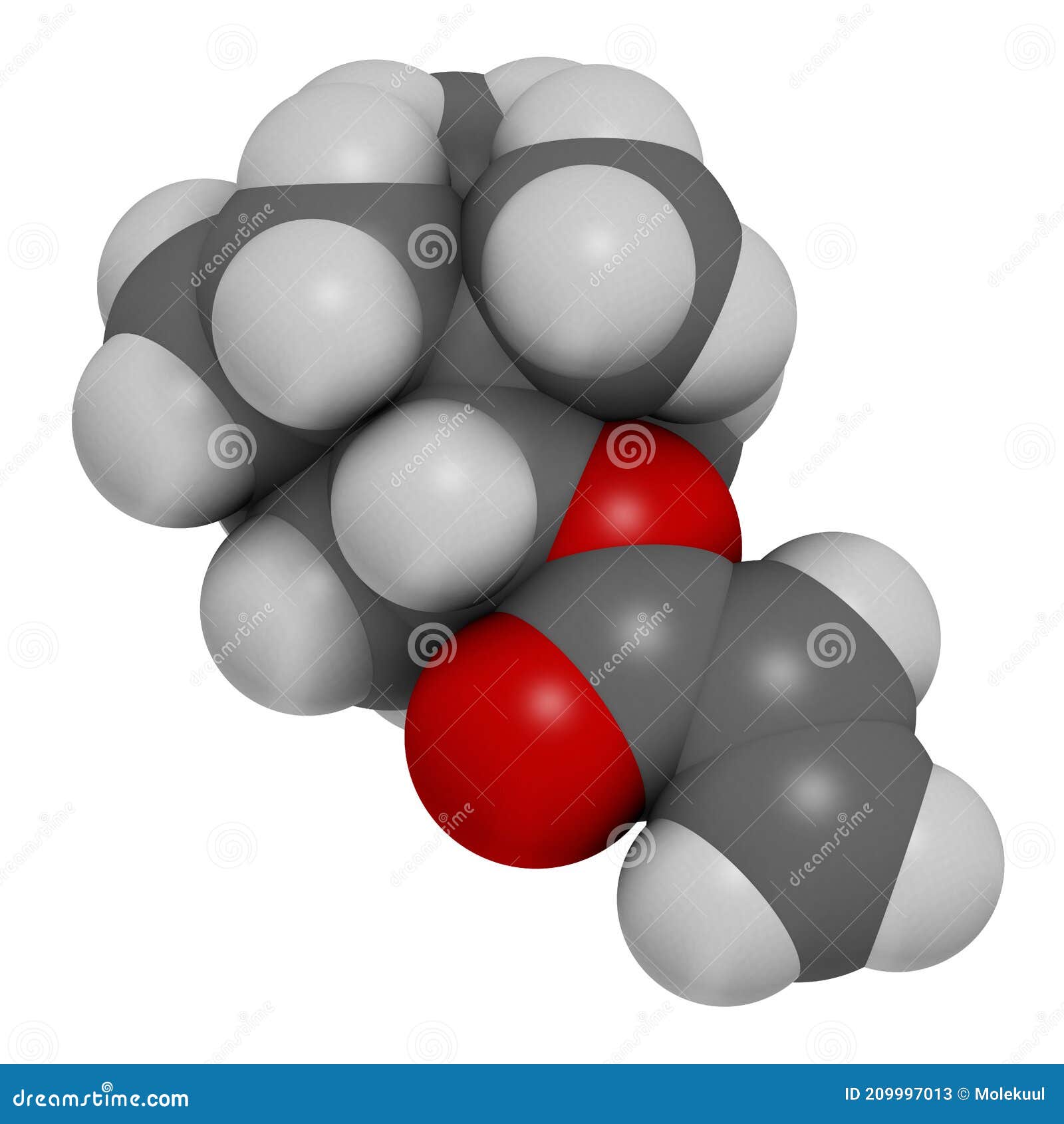 isobornyl acrylate molecule. 3d rendering. atoms are represented as spheres with conventional color coding: hydrogen white,
