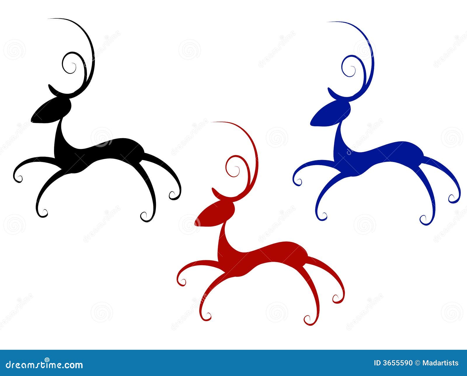 A clip art illustration of your choice of 3 abstract looking reindeer in red blue and black isolated on white