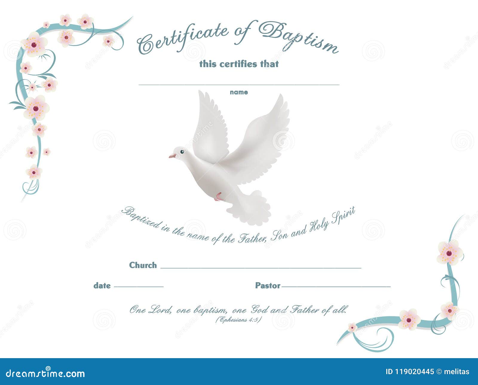 Certificate Baptism Template with Dove and and Flowery Frame on Pertaining To Baptism Certificate Template Download