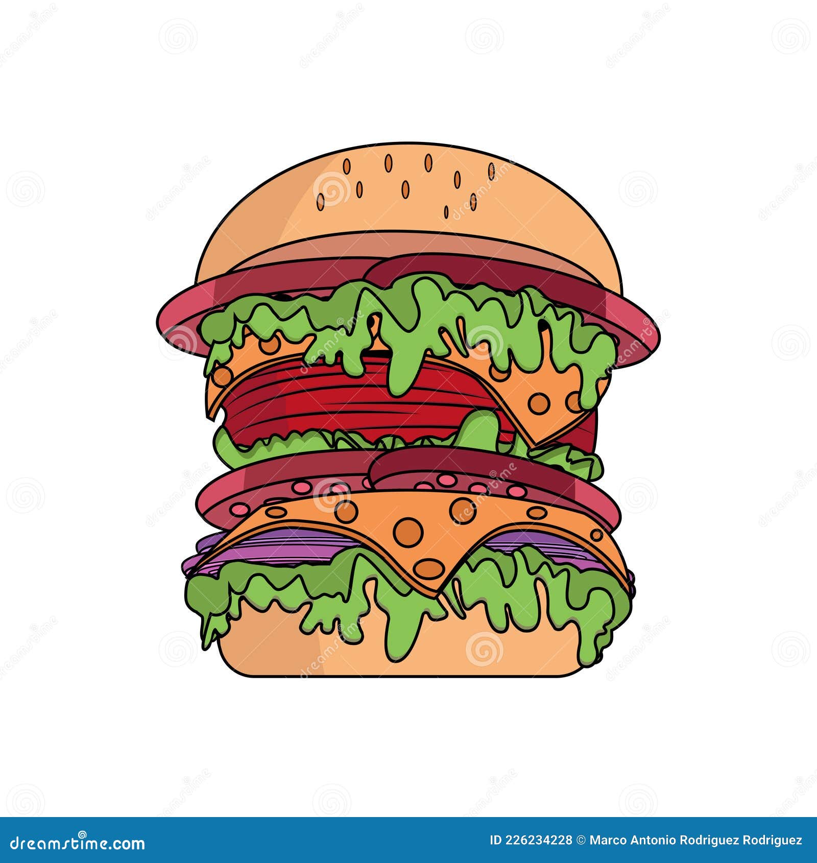 Burger With Tomato, Shredded Lettuce And Onion. Colorful Vector