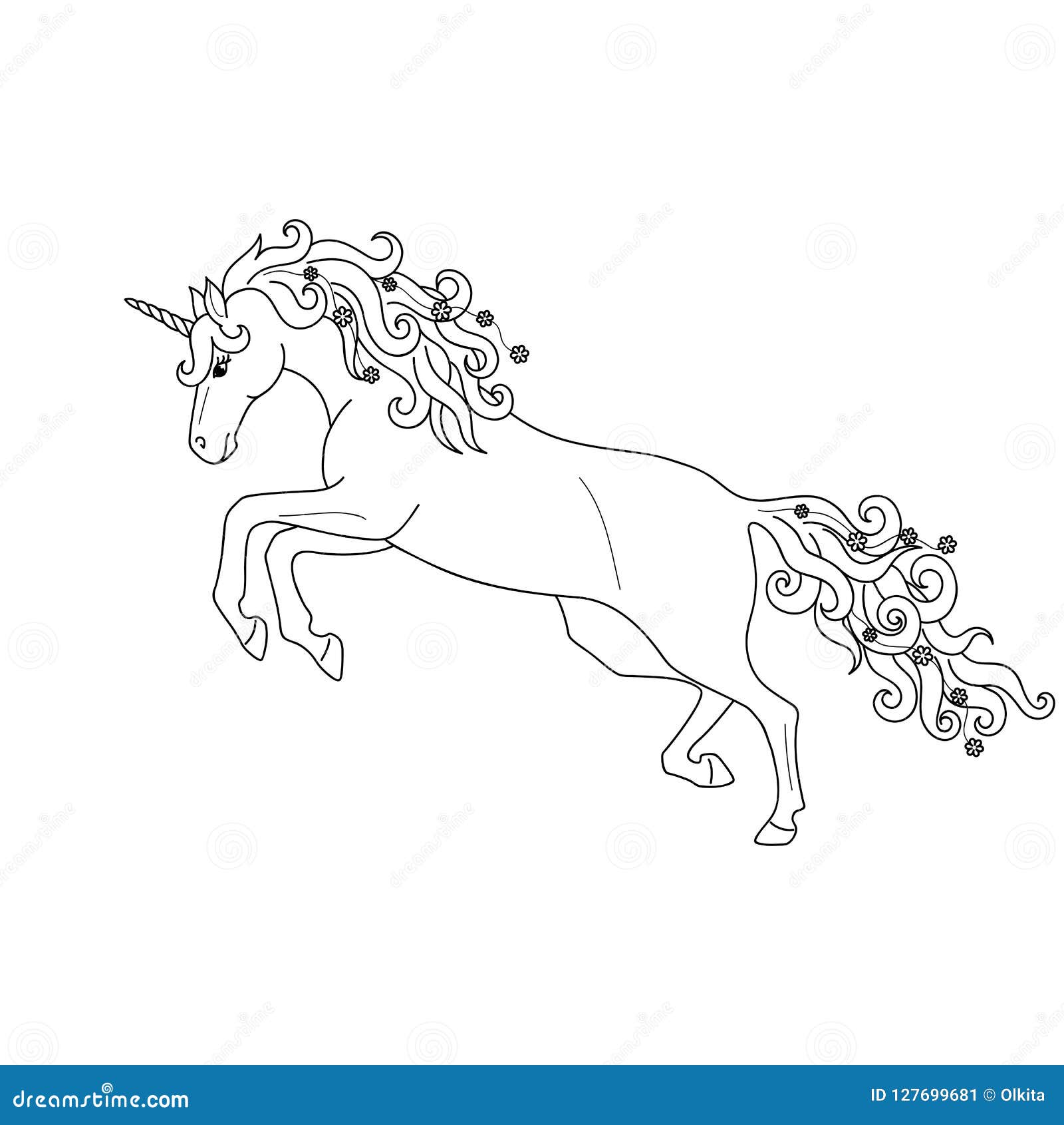 Isolated Black Outline Galloping, Jumping Unicorn on White ...