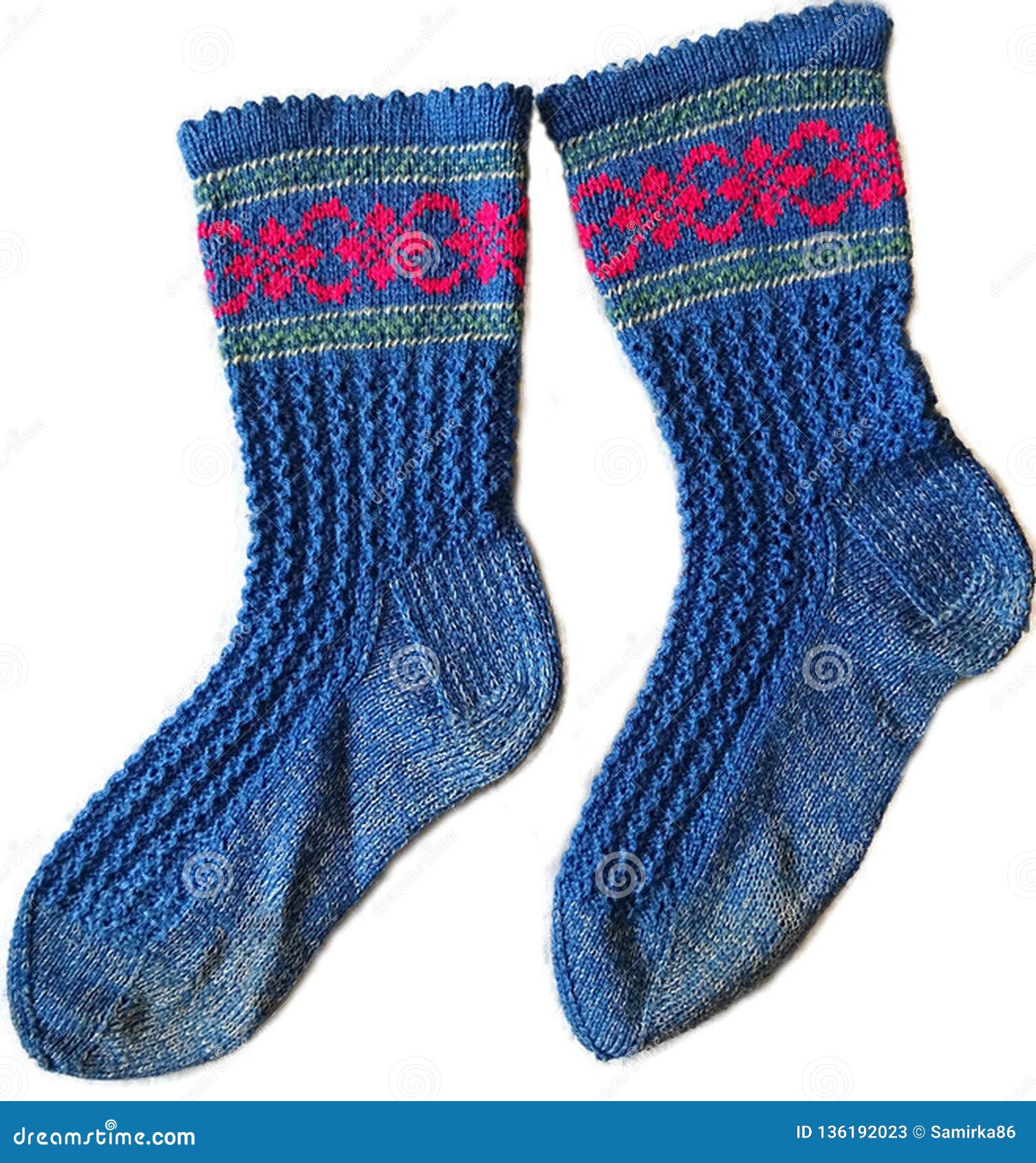 Pair of Two Blue Color Isolated Woolen Striped Pattern Socks on