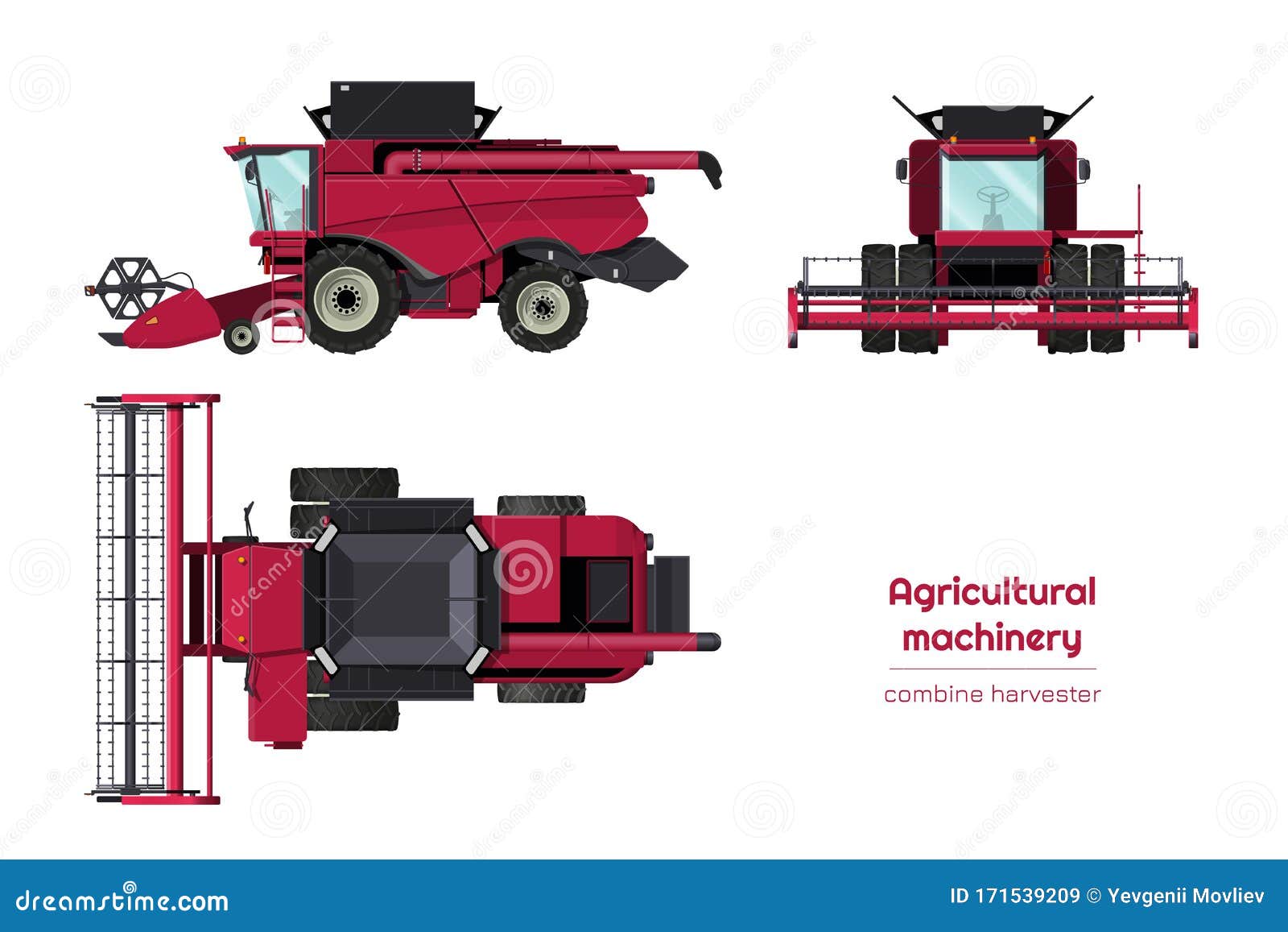  combine harvester. side, front and top view of agriculture machinery. farming vehicle. industry 3d blueprin