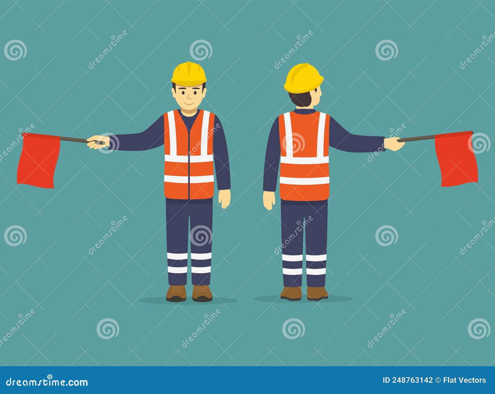 Isolated Construction Worker Holding Red Flag. Hand Signals Using Flag