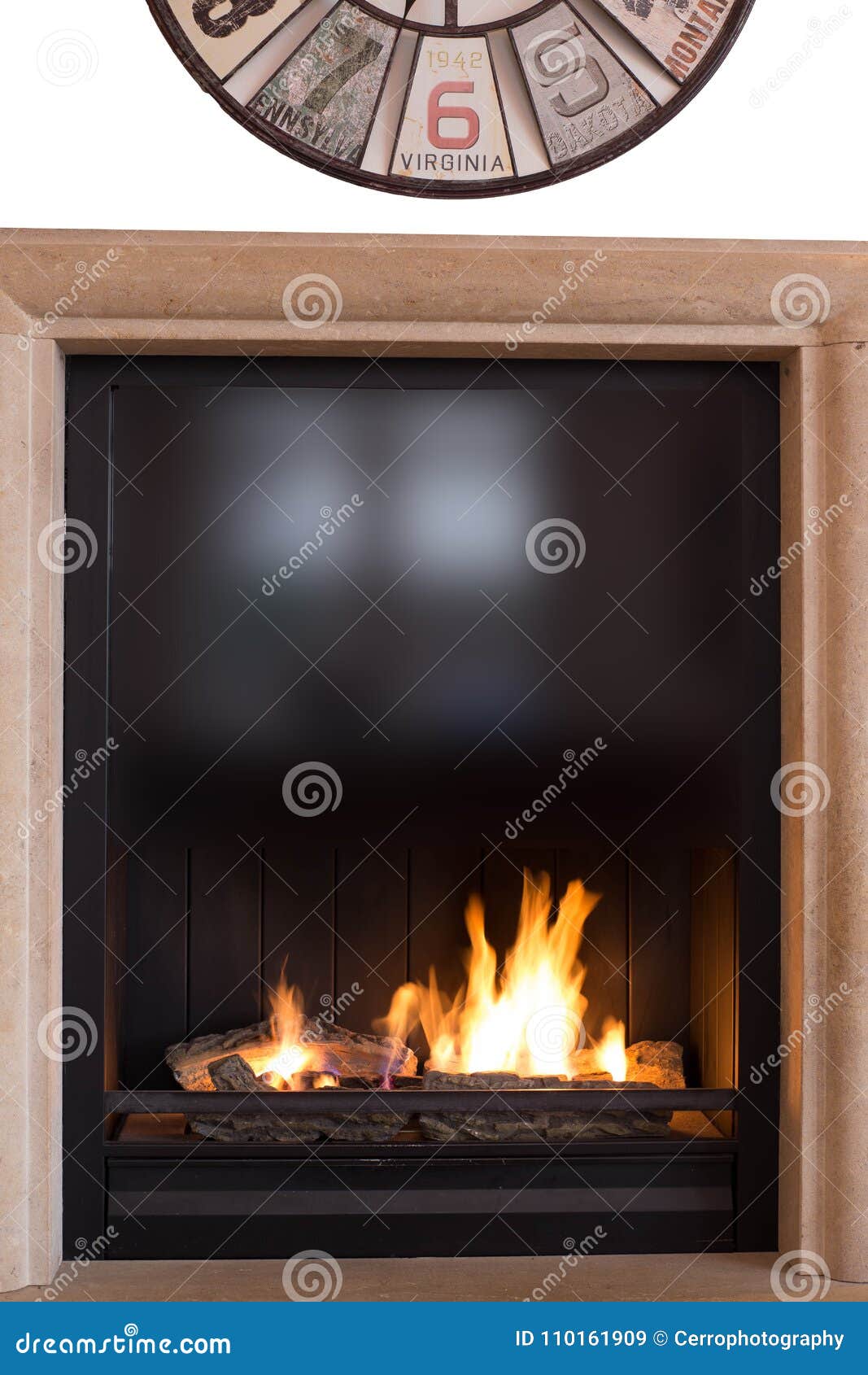 Isolated Cozy Fireplace Wit Big Round Clock Stock Image Image Of
