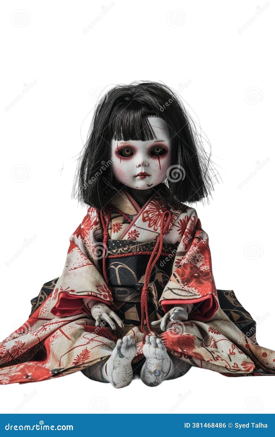 Isolated Creepy Japanese Doll on Transparent Background Stock