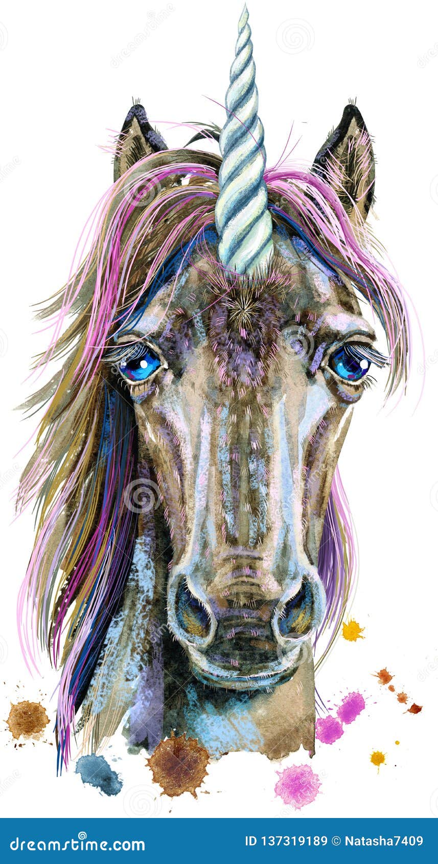 Watercolor Portrait of a Unicorn with a Pink Mane Stock Illustration ...