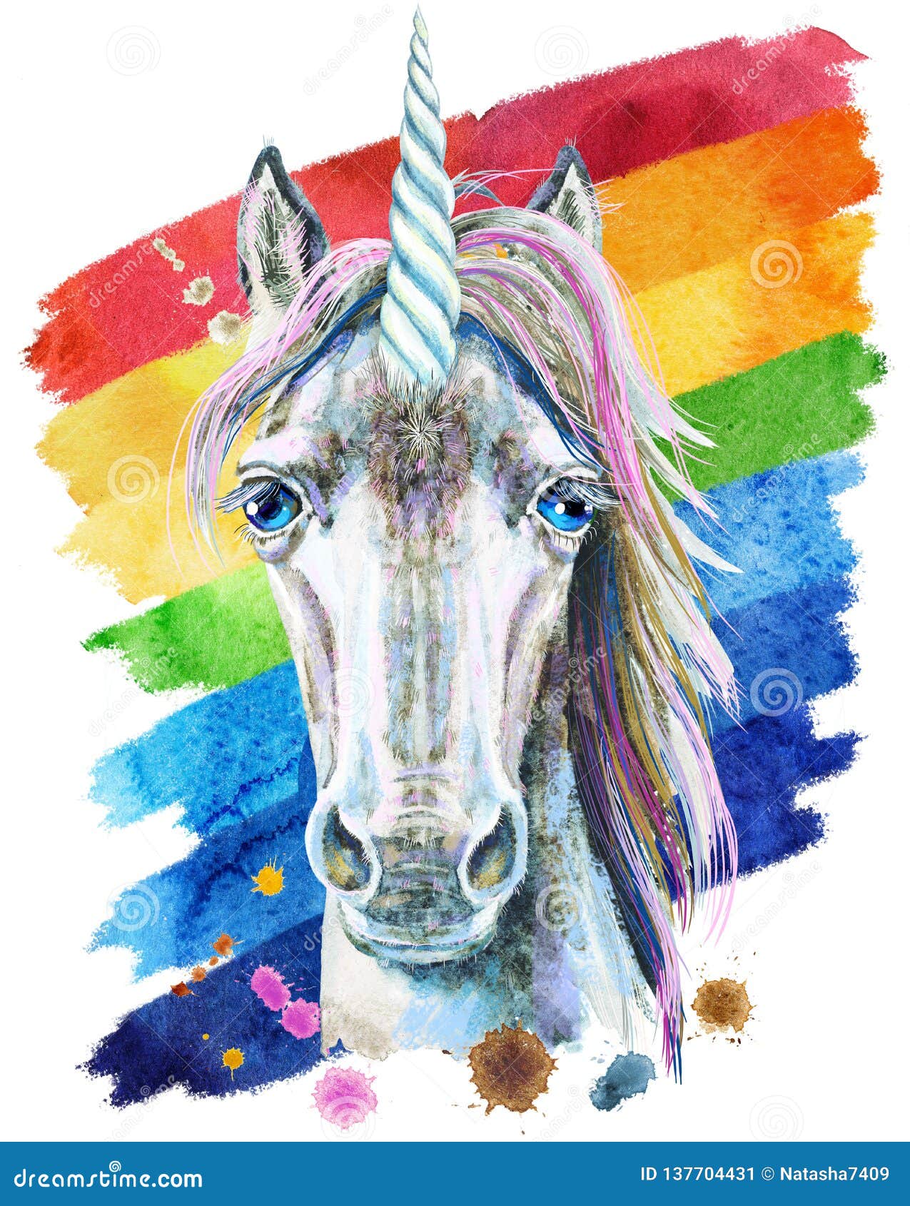 Watercolor Portrait of a White Unicorn with a Rainbow Stock ...