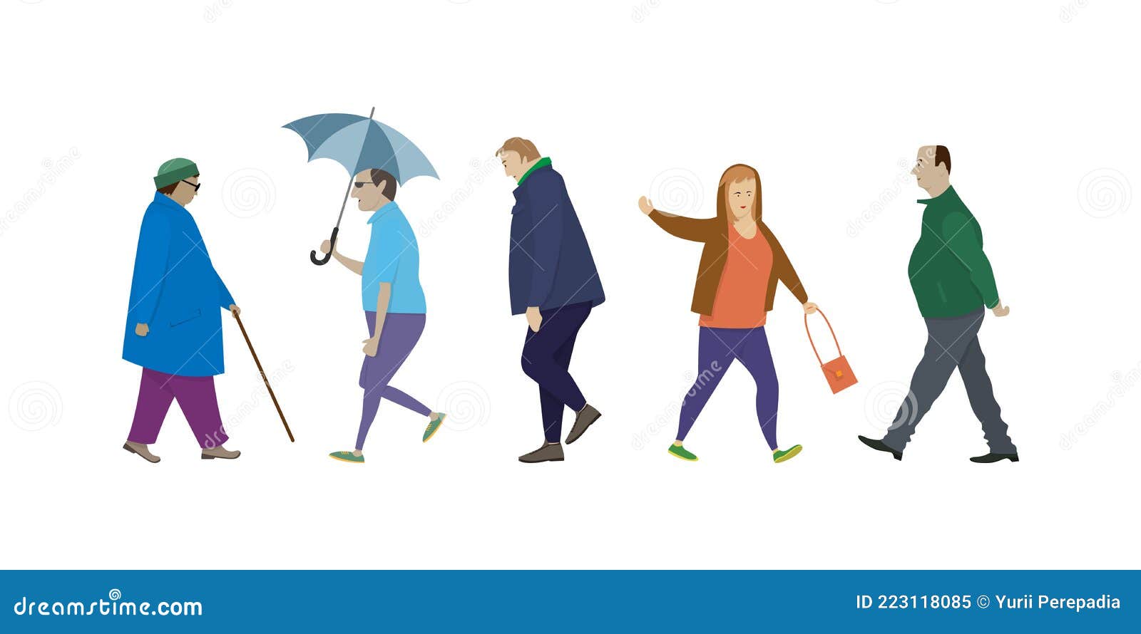  elderly people walking side view. ÃÂ¡artoon people in different poses while walking. set of  images of passersby