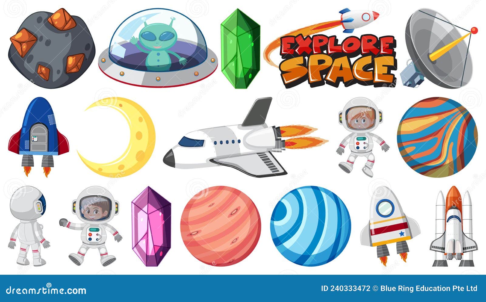 Isolated Fantasy Space Game Objects and Elements Set Stock Vector Illustration of rocket