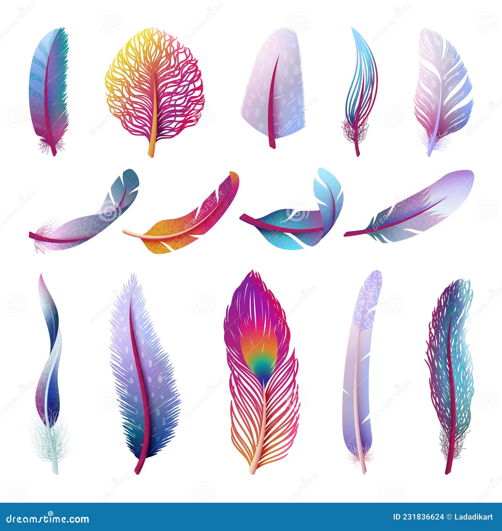 viernes Planta de semillero Competitivo Isolated Feather Collection. Colorful Fantasy Feathers, Peacock Bird Tail  Element Stock Vector - Illustration of icon, design: 231836624