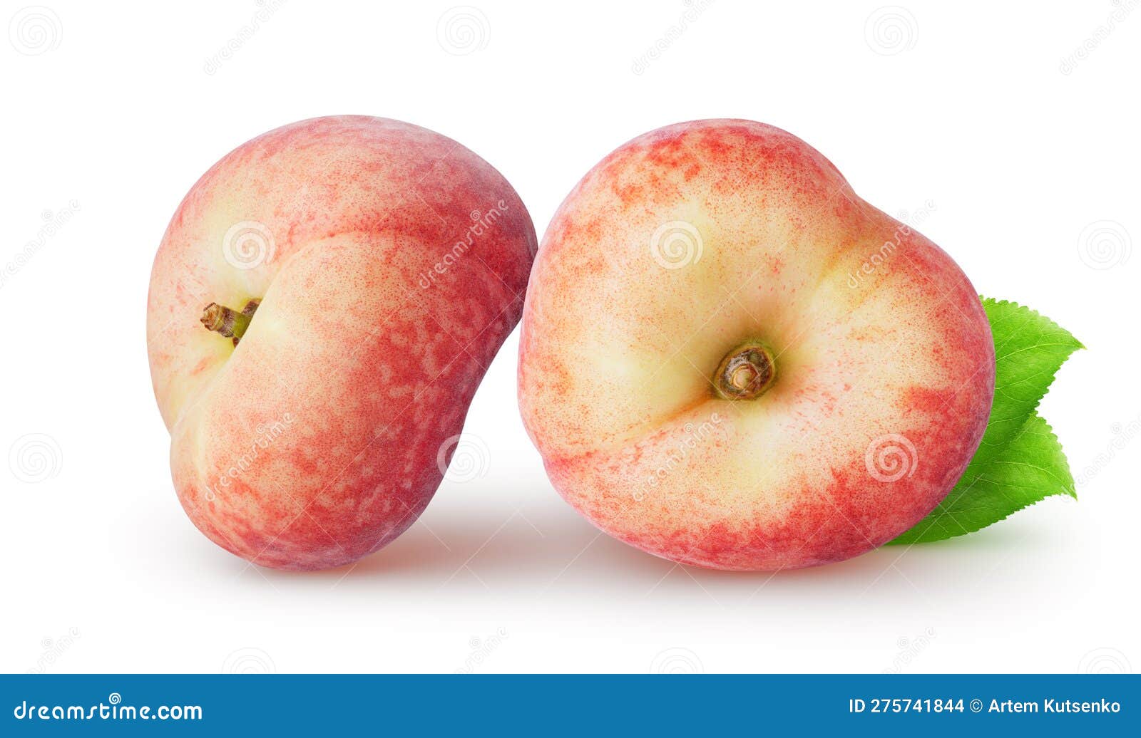 Isolated Flat Peaches. Two Whole Peach Fruit with Leaves Isolated on