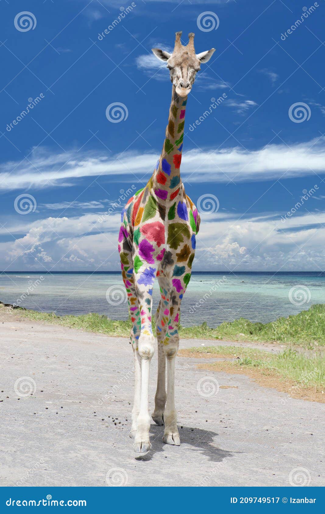 carnival arlequin giraffe coming to you on deep blue sky background