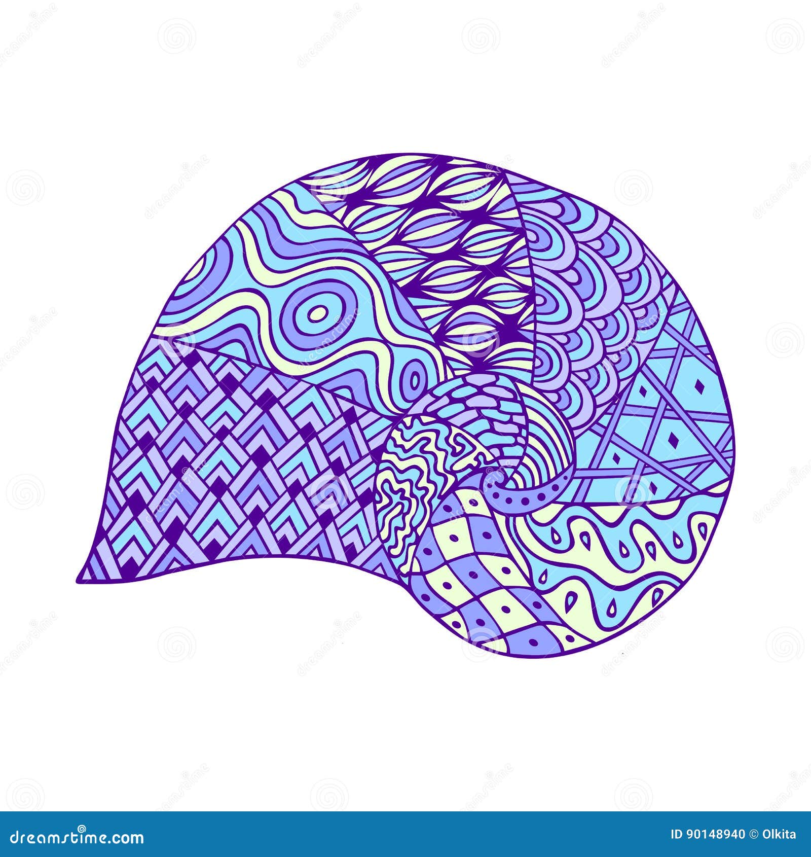  hand drawn outline blue violet colored sea shell on white background. ornament of curve lines.