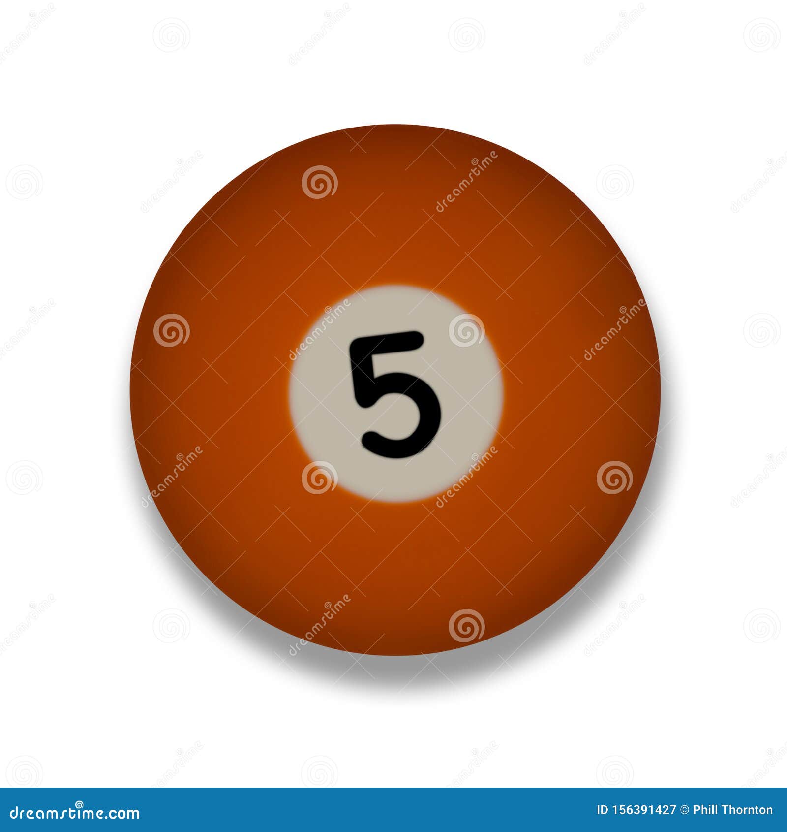 Isolated Number 5 Orange Pool Ball, with Drop Shadow Stock Image